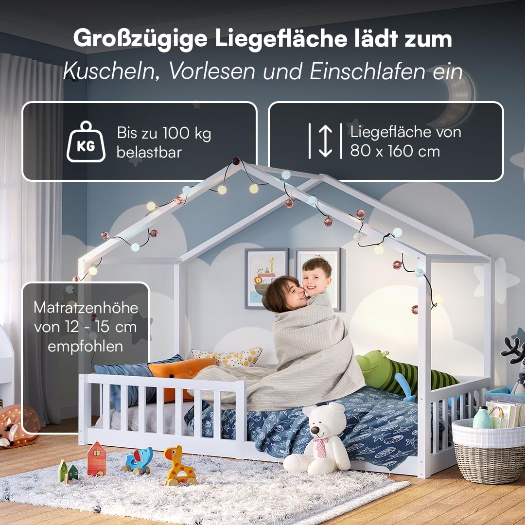 Bellabino Bia Children’s Bed, 90 x 200 cm, Children’s House Bed incl. Fall Protection and Rolled Slatted Frame, Montessori Floor Bed, White, Solid Pine Wood