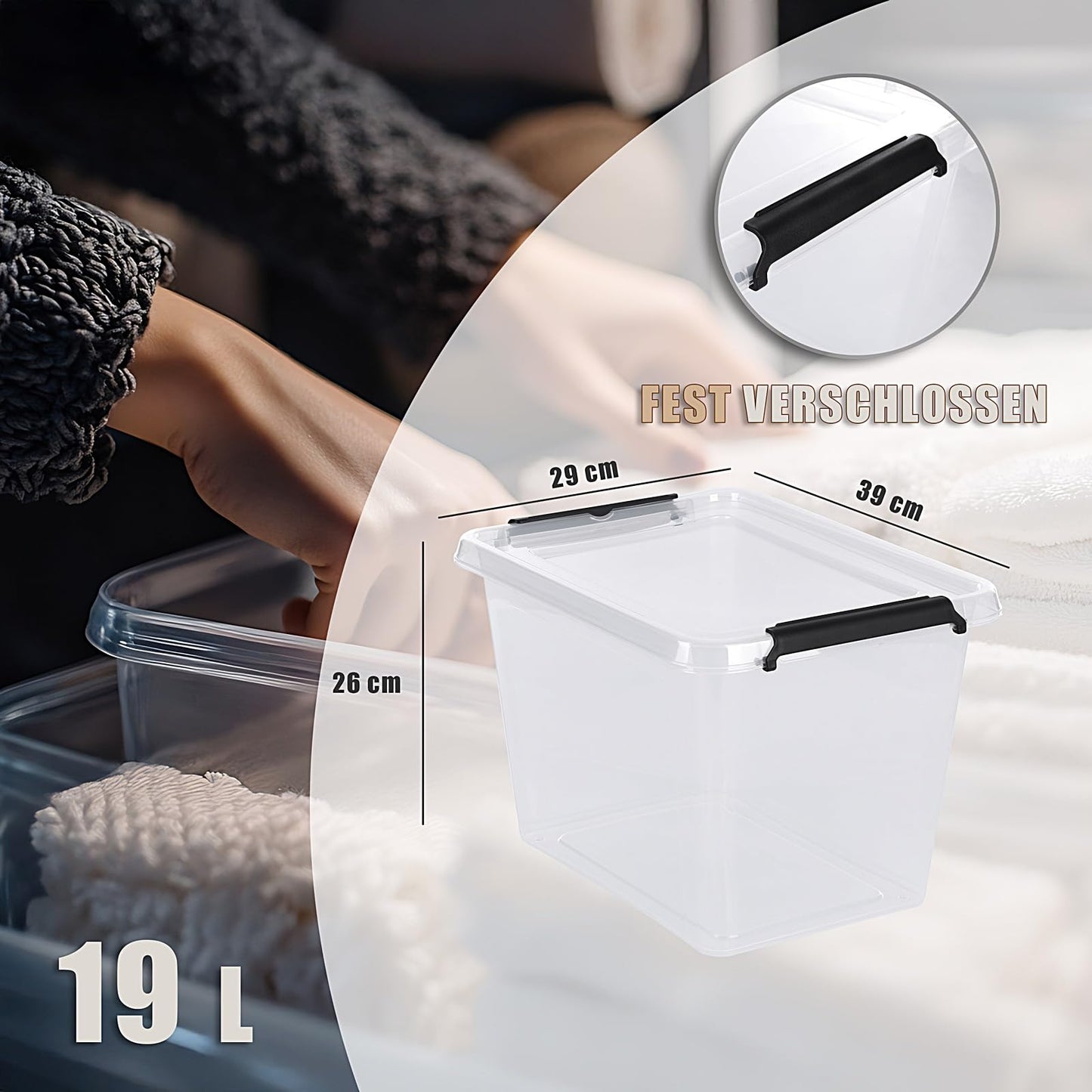 astor24 Storage Box with Lid - Transparent Organiser 40 L - Food Safe - Stackable. Ideal for Office, Children's Room, Clothes Boxes - Kitchen - Workshop