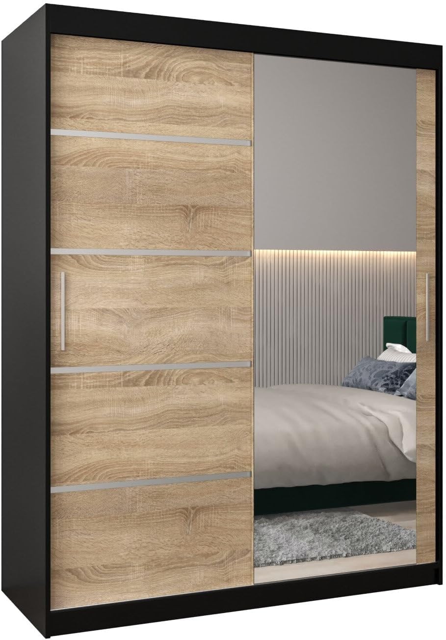 MEBLE KRYSPOL Verona 2, 250 cm Bedroom Wardrobe with Three Sliding Doors, Mirror, Clothes Rail and Shelves, 250 x 200 x 62 cm, Matt Black
