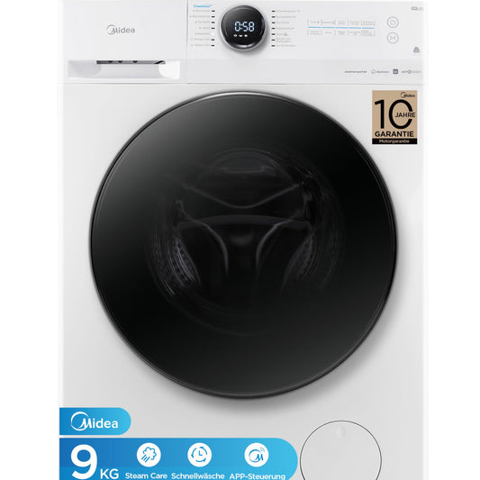 Midea MF200W80WB-14AS Washing Machine, 8 kg, Energy Efficiency Class A, Automatic Volume, Steam Care, Refill Function, 1400 rpm, Time Saving, Turbo, Only 48 cm Deep, App Control, AquaStop, White