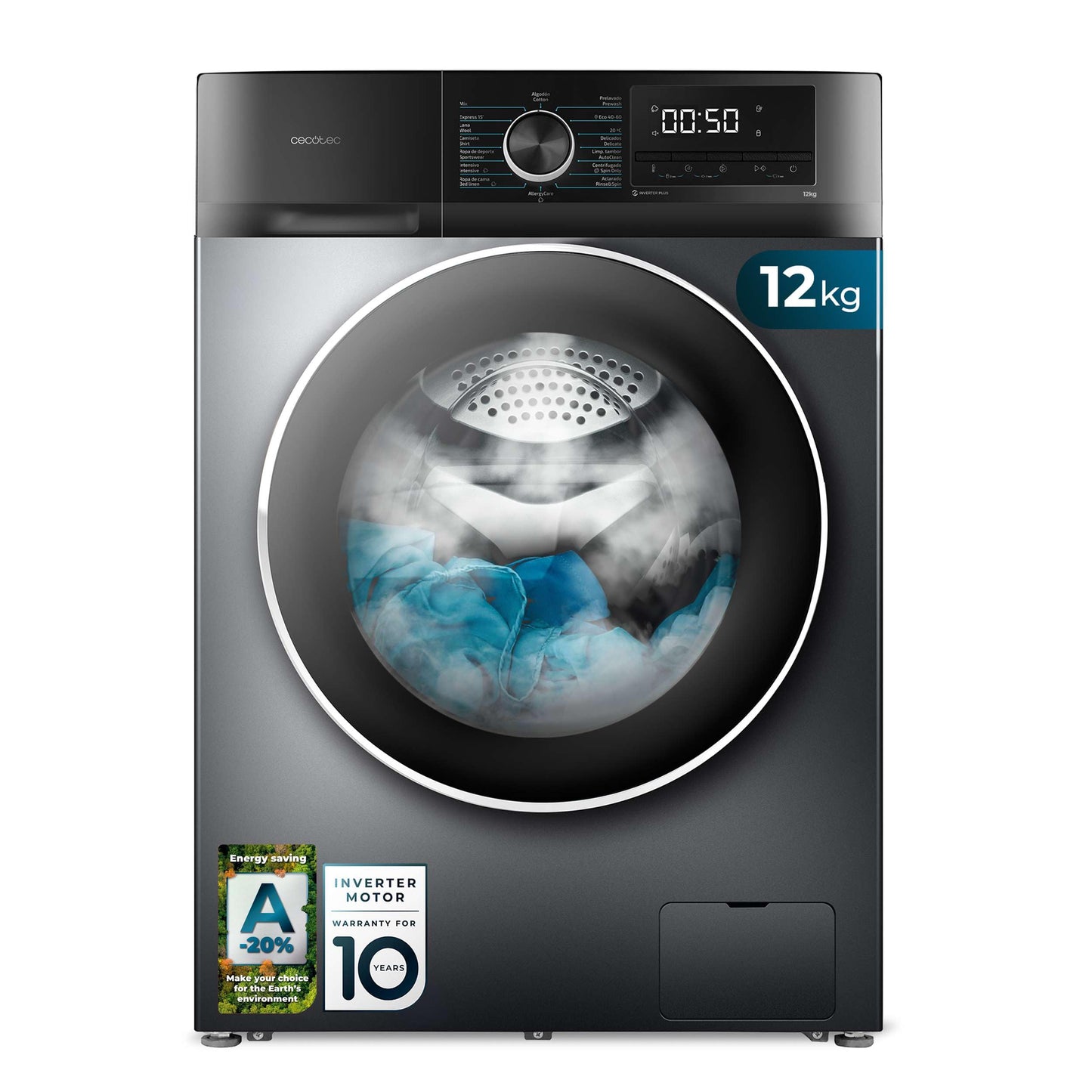 Cecotec Washing Machine 12 kg Front Load Bolero DressCode 12500 Inverter Steel A, 1400 rpm, Inverter Plus Motor, 16 Progr, SteamMax, Pearl Drum, Delay Start, Drum Clean, Display, Allergy Care, Stop &