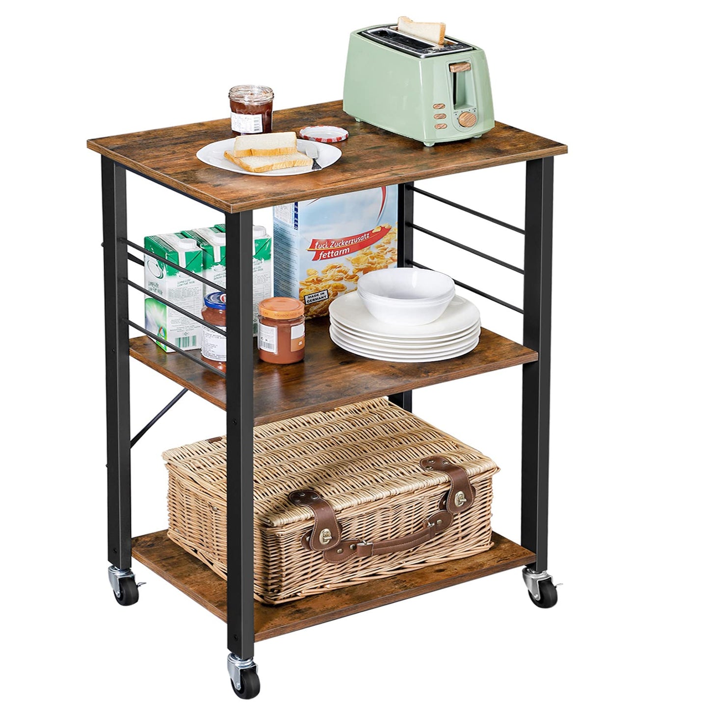 VASAGLE KKS60XV1 Kitchen Rack on Wheels Serving Trolley 3 Tier Kitchen Trolley Mini Oven Microwave Metal Frame 6 Hooks 40 x 60 x 89 cm Vintage Brown Ink Black