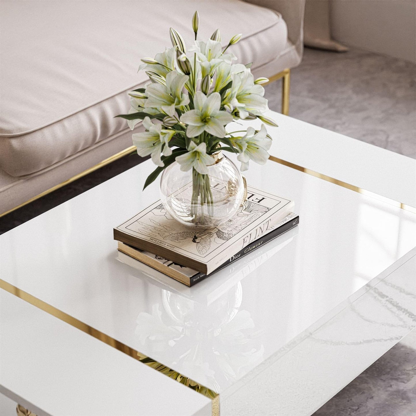 lukmebel Coffee Table White with Gold Onyx 104 x 65 x 41 cm Coffee Table with Storage Space Push to Open Living Room Table Side Table Couch Sofa Table House Table