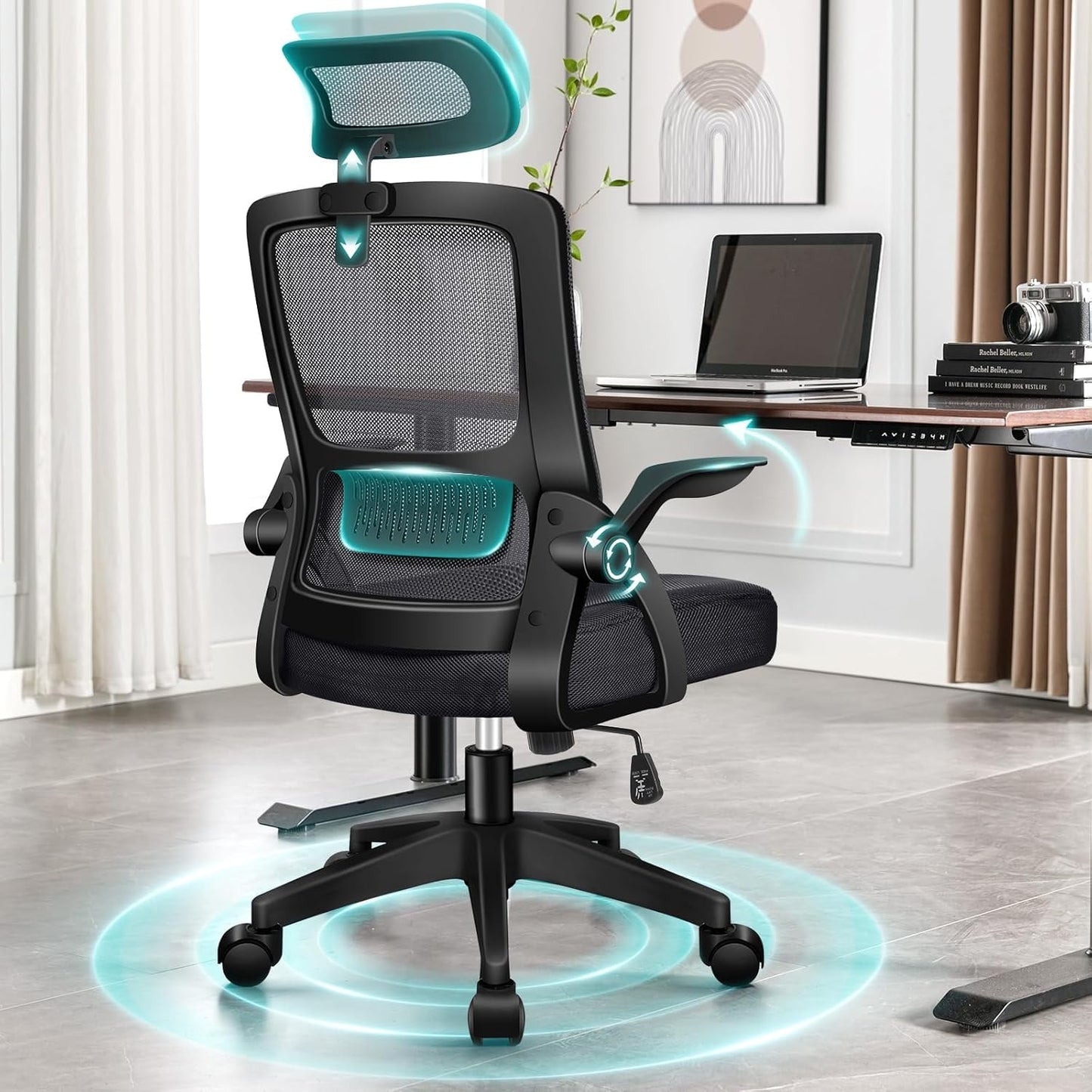 ALFORDSON Ergonomic Office Desk Chair, Computer Chair with Dynamic Lumbar Support, Tilting Swivel Chair with Flip Up Armrest, Black