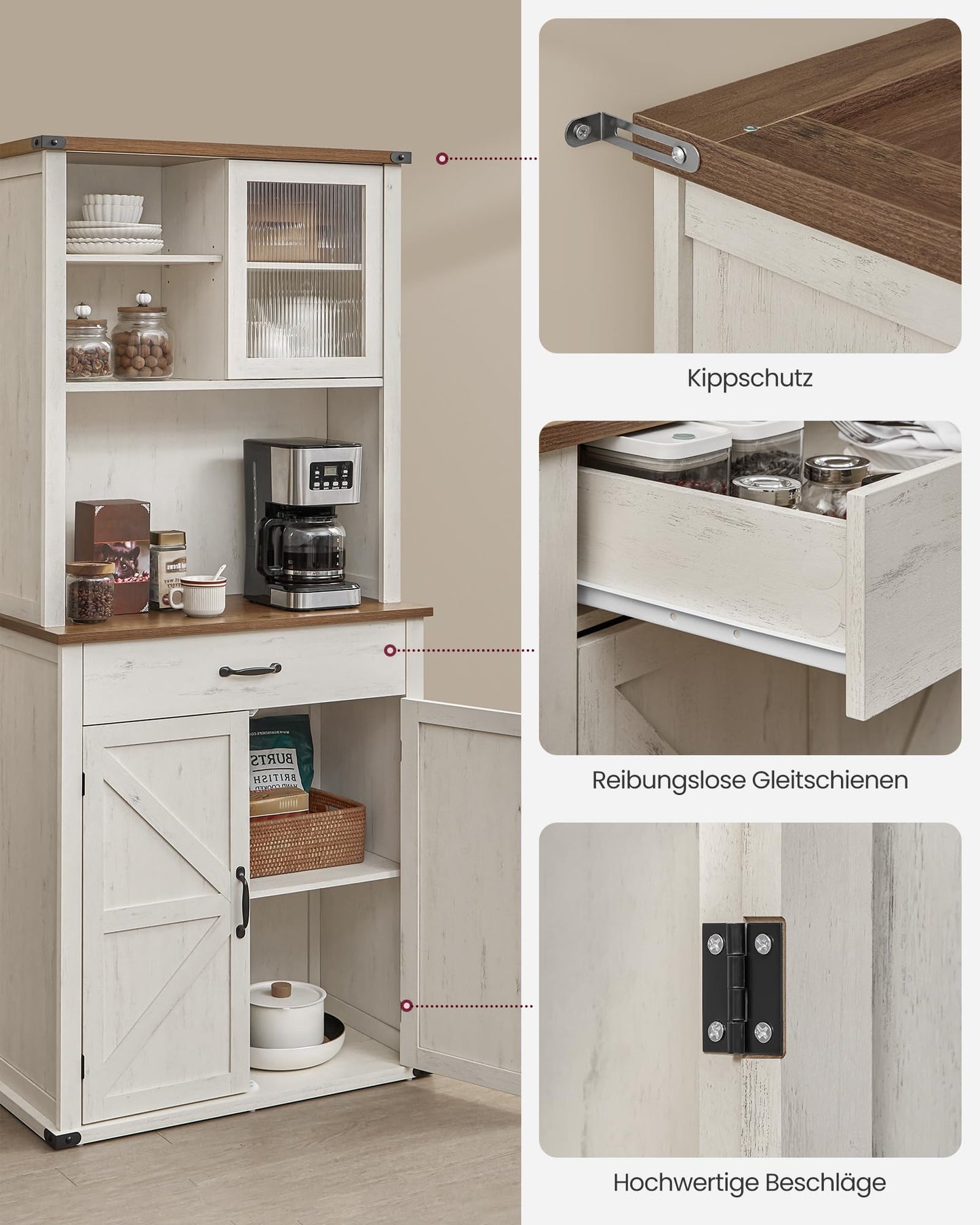 VASAGLE Sideboard with Lighting and Charging Station Kitchen Cabinet Storage Cabinet with Doors and Drawers 39.5 x 106.5 x 180.6 cm Adjustable Shelves Country Style Vintage White BBK391W02