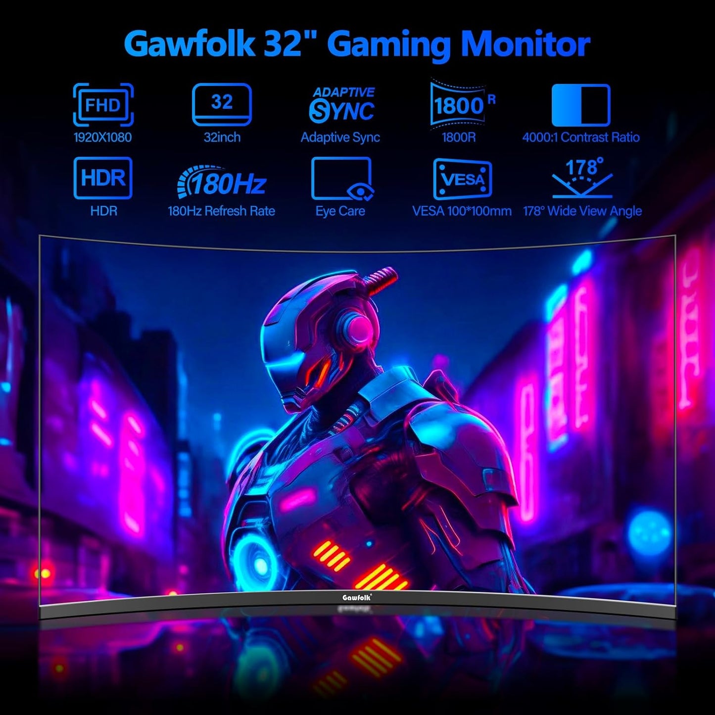 Gawfolk 32 Zoll Curved Gaming Monitor 180HZ / 165Hz / 144hz PC Bildschirm Full HD 1080P, Rahmenloses 1800R Gebogenes Computerbildschirm mit FreeSync und Eye Care Technologie, unterstützt VESA