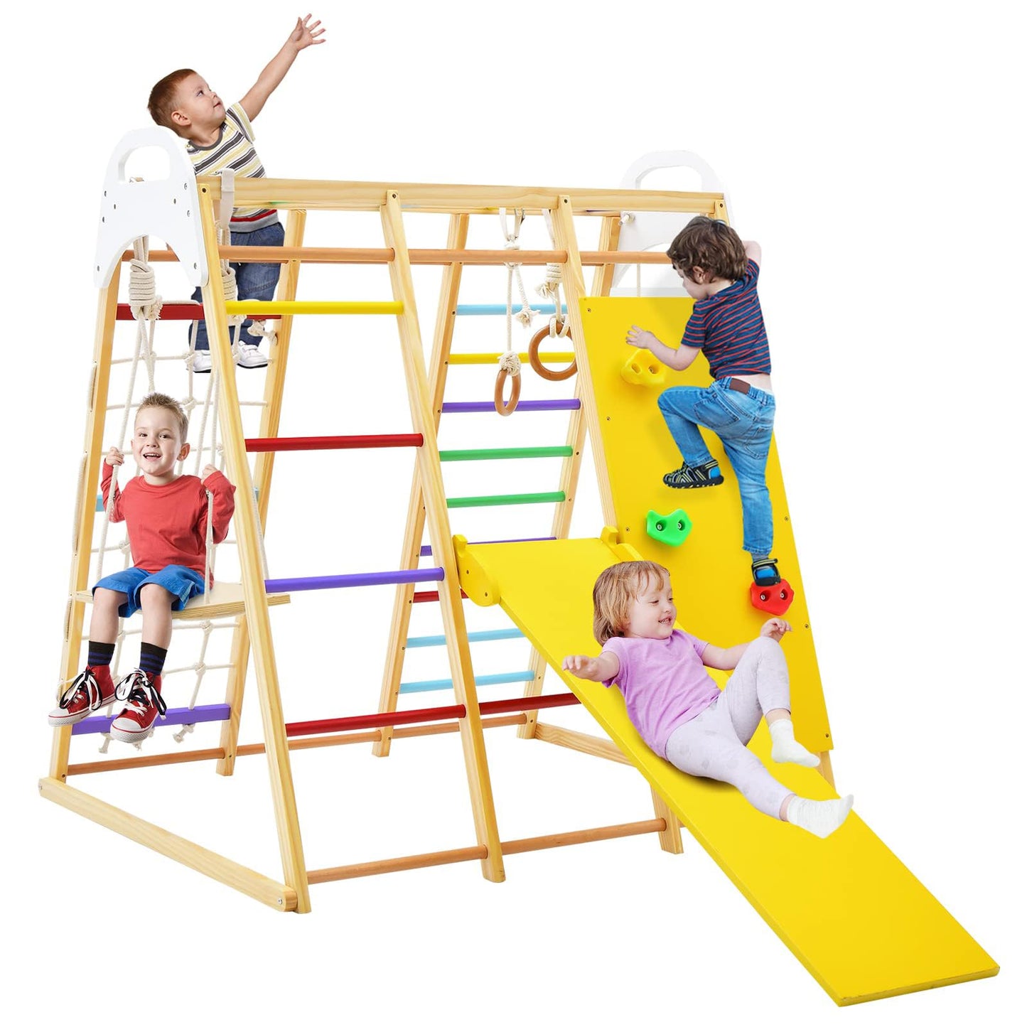 DREAMADE 8 in 1 Climbing Triangle Climbing Toy with Swing Ladder Slide Climbing Net Gym Rings Playground Indoor Wooden Climbing Frame for Sliding & Climbing for Children from 3 Years (Natural)