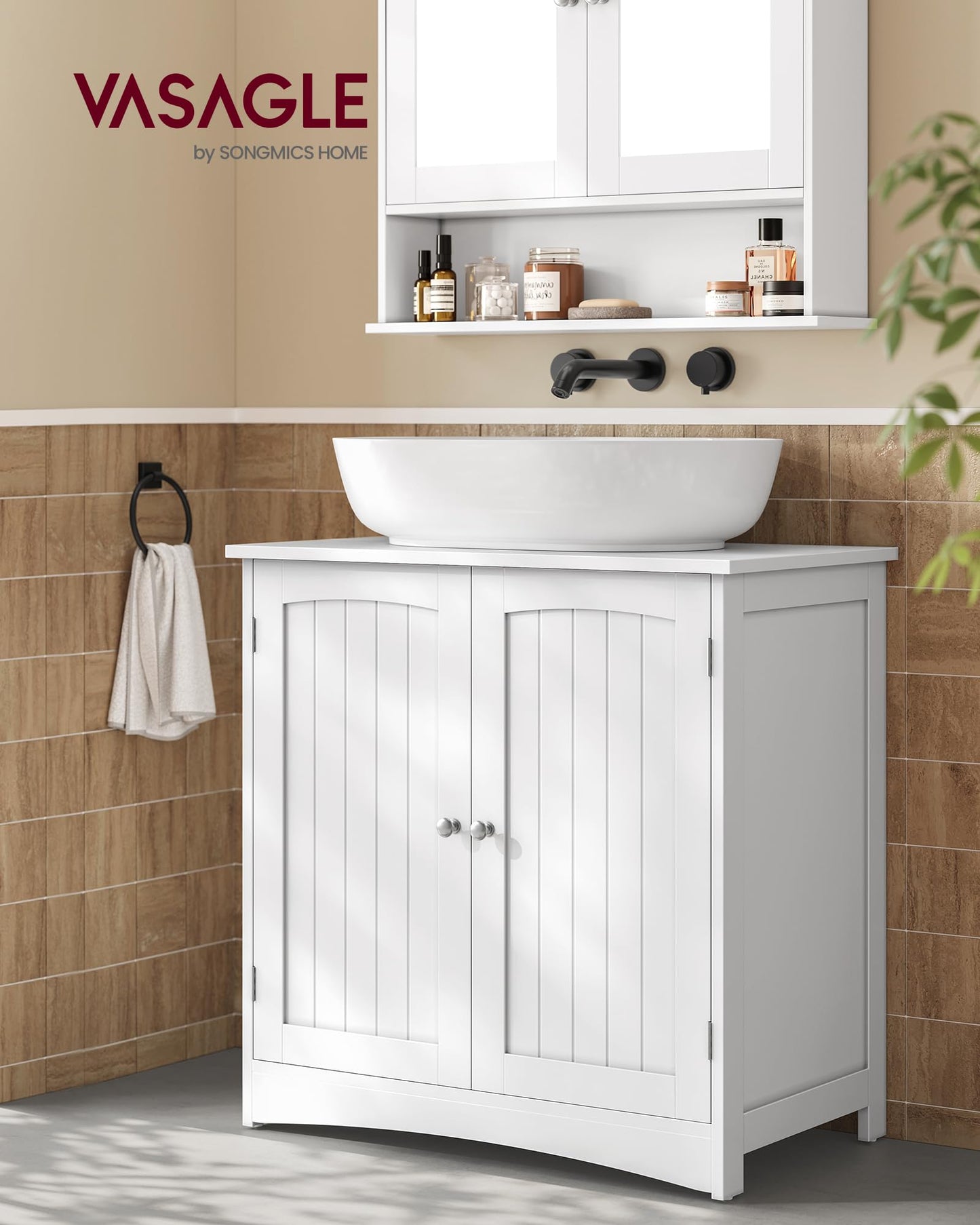 VASAGLE BBC410P31 Vanity Unit Extra Long 30 x 90 x 60 cm 2 Doors Bathroom Cabinet Open Compartments Height Adjustable Shelves White