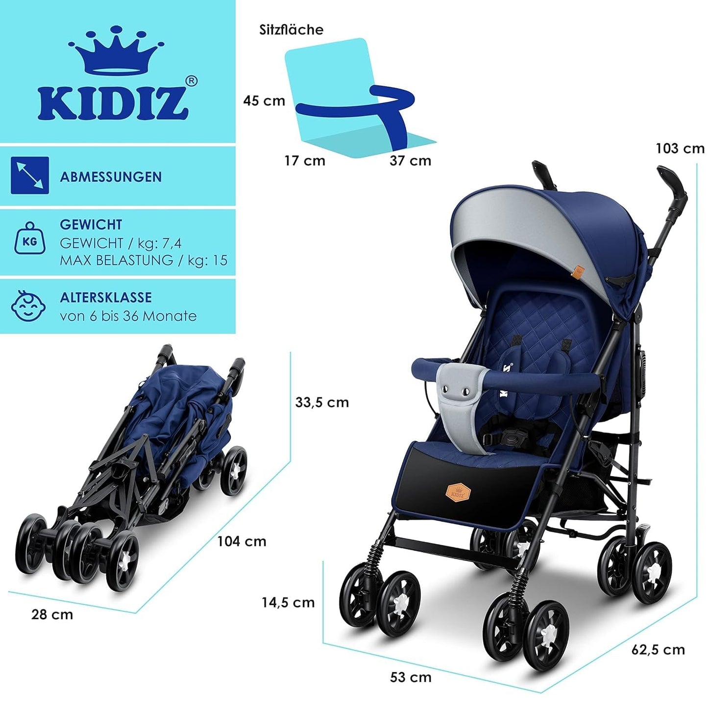 KIDIZ® City-Pro Pushchair Folding Pushchair Pushchair Sports Pushchair Foldable 360° 6 Inch Wheels Includes Mosquito Net, Footmuff and Rain Cover Foldable Sleep Function Blue