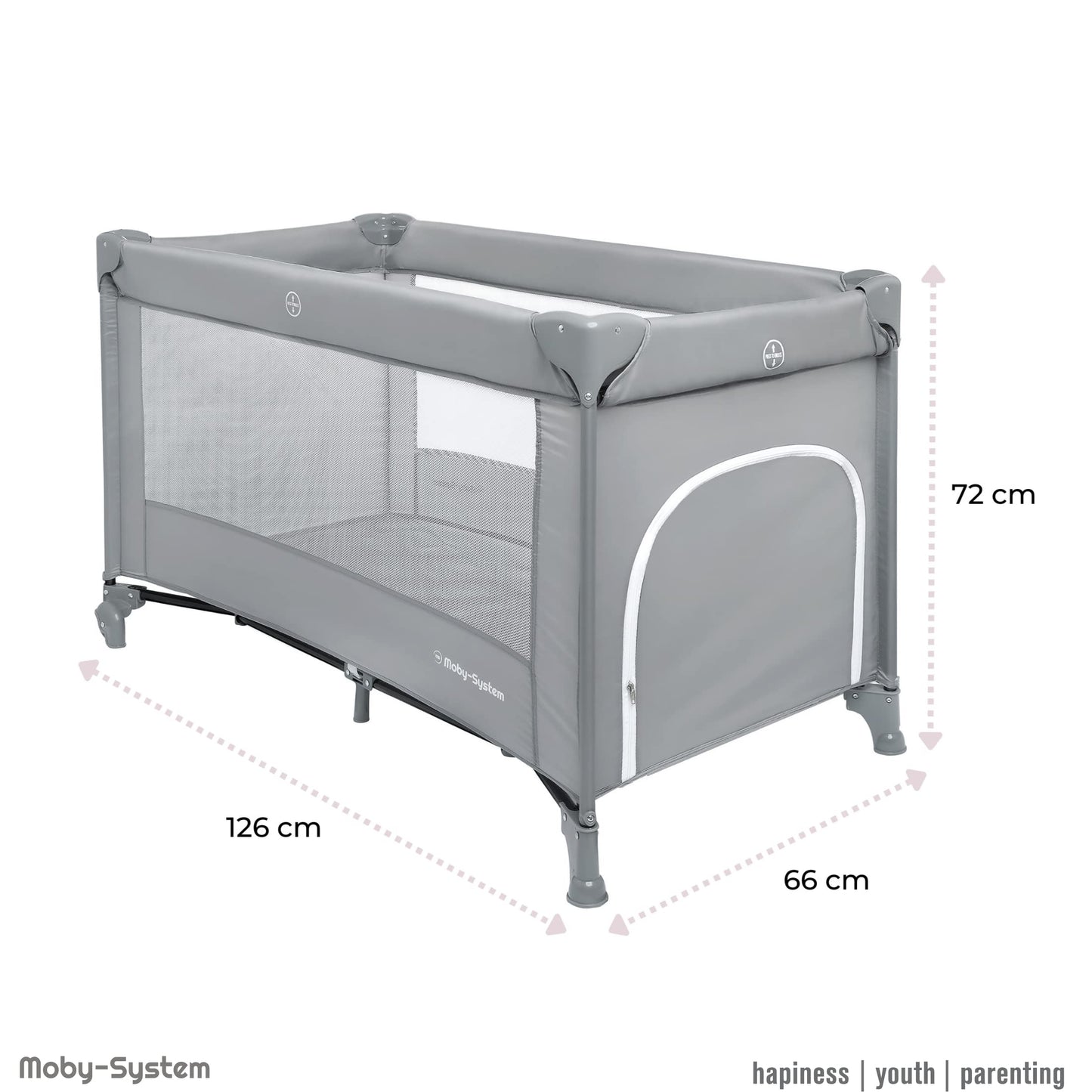 Moby-System Baby Travel Cot 128 x 68 cm - Foldable Children's Travel Bed with Mattress & Carry Bag - Playpen with Side Exit - for Babies up to 15 kg - Grey