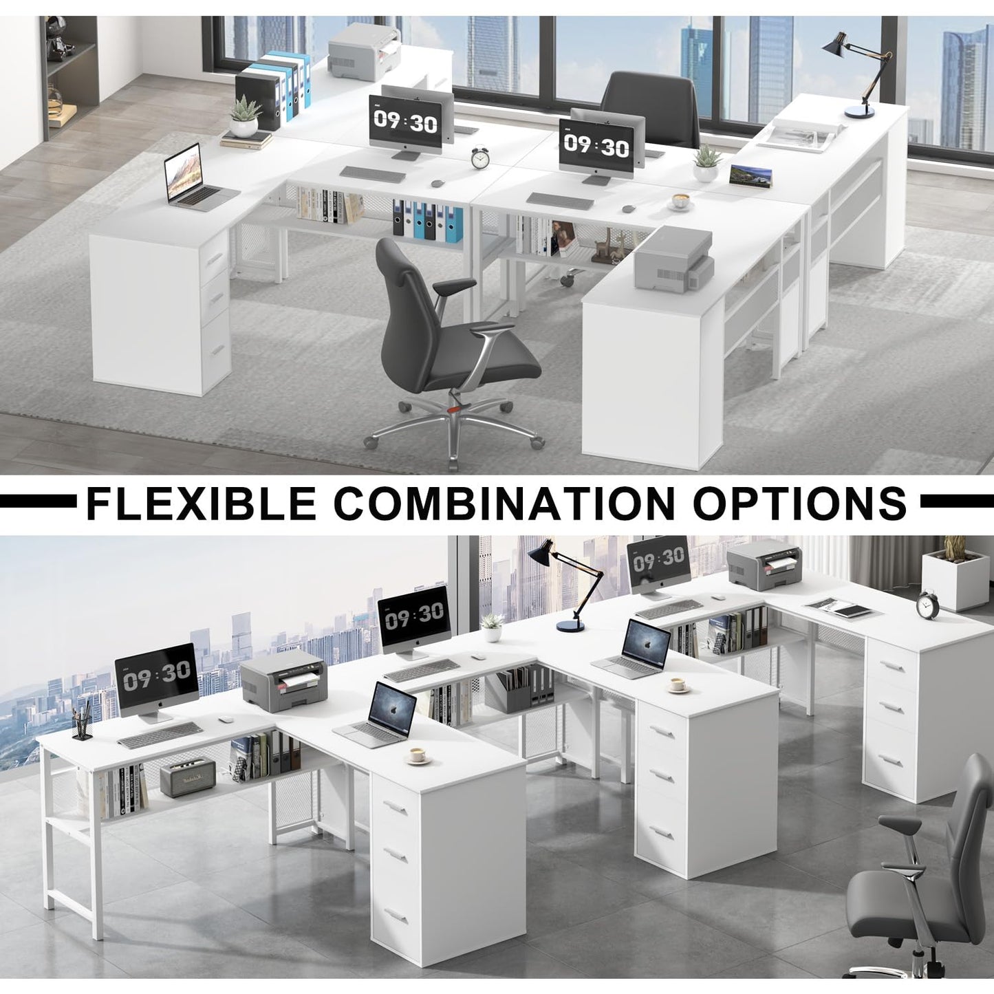 LVB White L Shaped Corner Desk with Drawers, Reversible Modern L Shaped Computer Desk with Storage Cabinets, Large L Shaped Wooden L Shaped Desk Metal L Shape