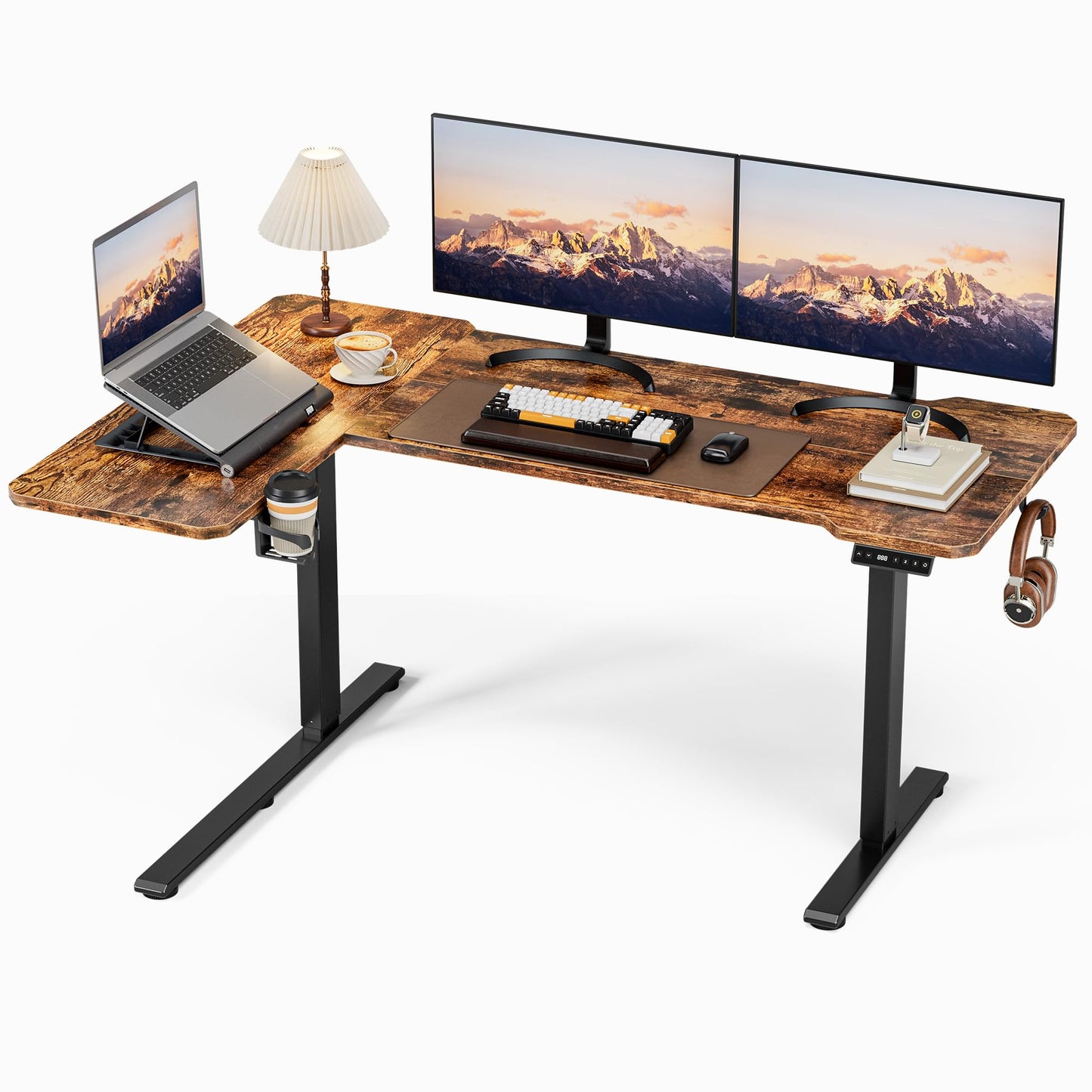 Acrolix Height-Adjustable Desk L Shape, 150 x 100 cm, Electric Corner Desk, Height Adjustable 72-118 cm, with Drink Holders and Hooks, Sturdy Scaffolding Corner Desk, Brown