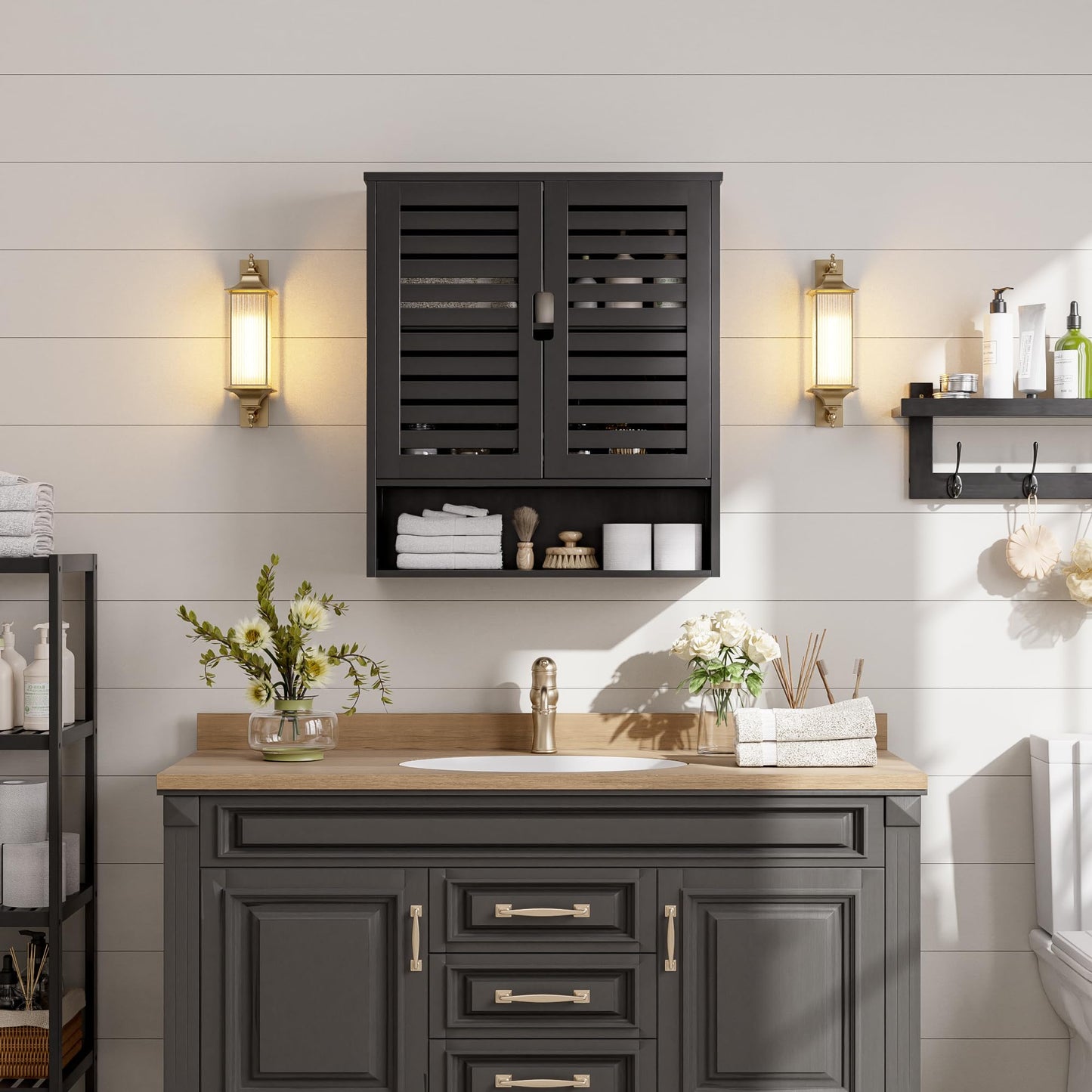 SMIBUY Bathroom Cabinet, Wall Mounted, Bamboo Over the Toilet Storage Organiser, Space Saving Medicine Cabinet with 2 Doors and Adjustable Shelves (Black)