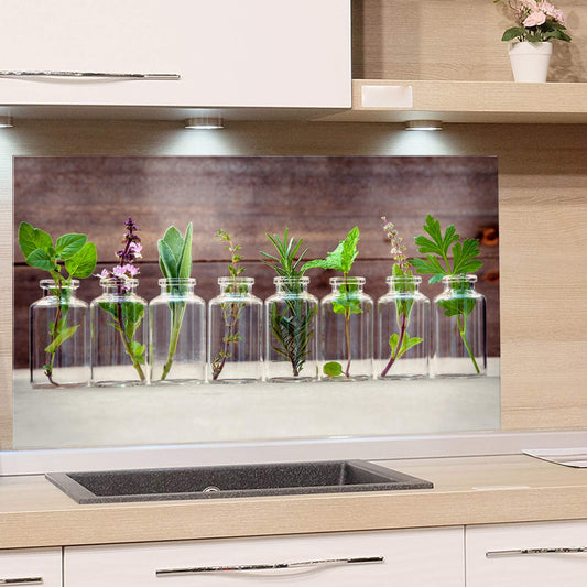 GRAZDesign Küchenrückwand Spritzschutz Glas für Küche, Herd Bild Motiv Kräuter im Glas Küchenspiegel Glasrückwand Herdblende 4mm ESG Glas, 60x40cm