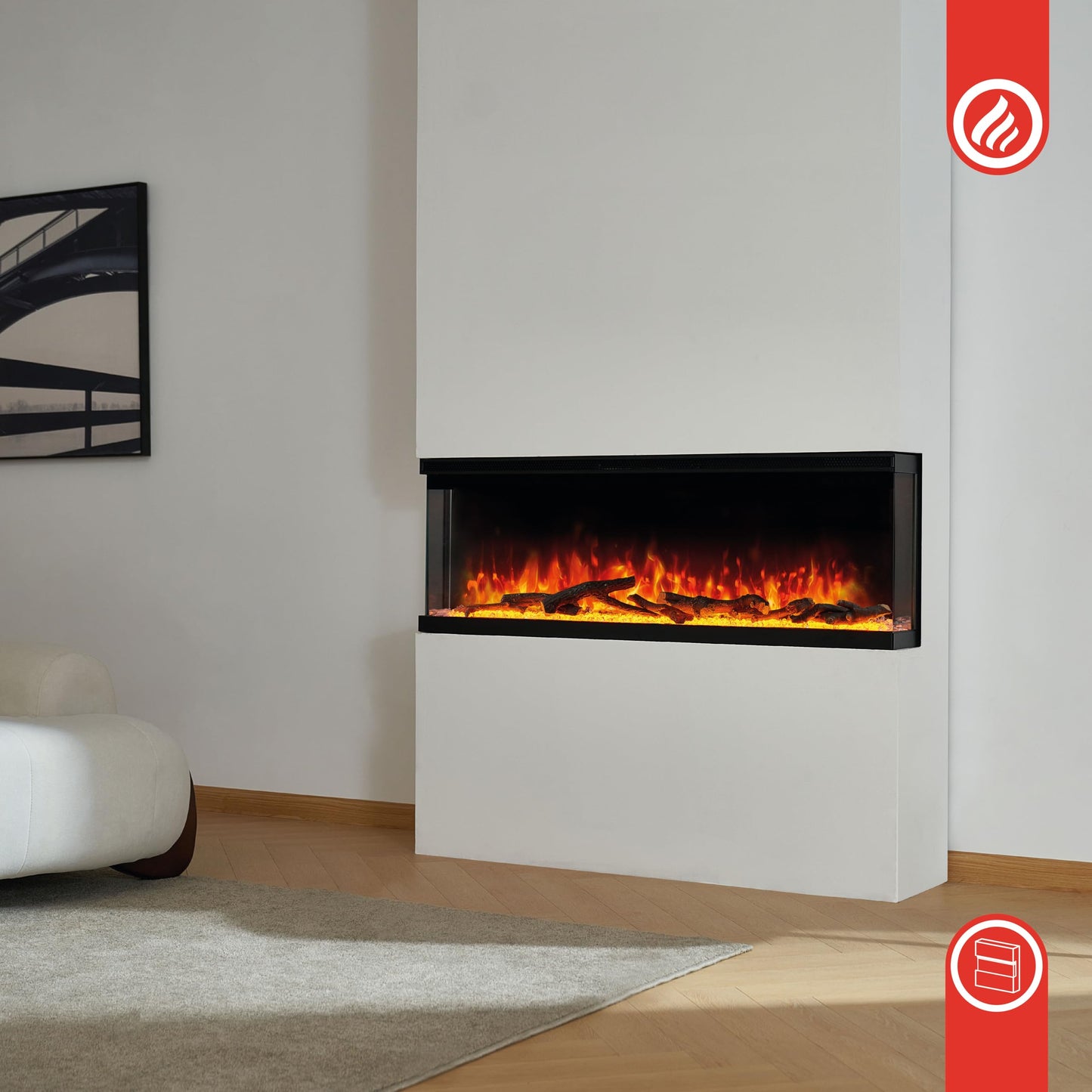 LEA Electric Fireplace - Electric 3-in-1 Fireplace with Panoramic View, Heating, 3D Flame Effect, 12 Flame Colours, Remote Control (42 Inches)