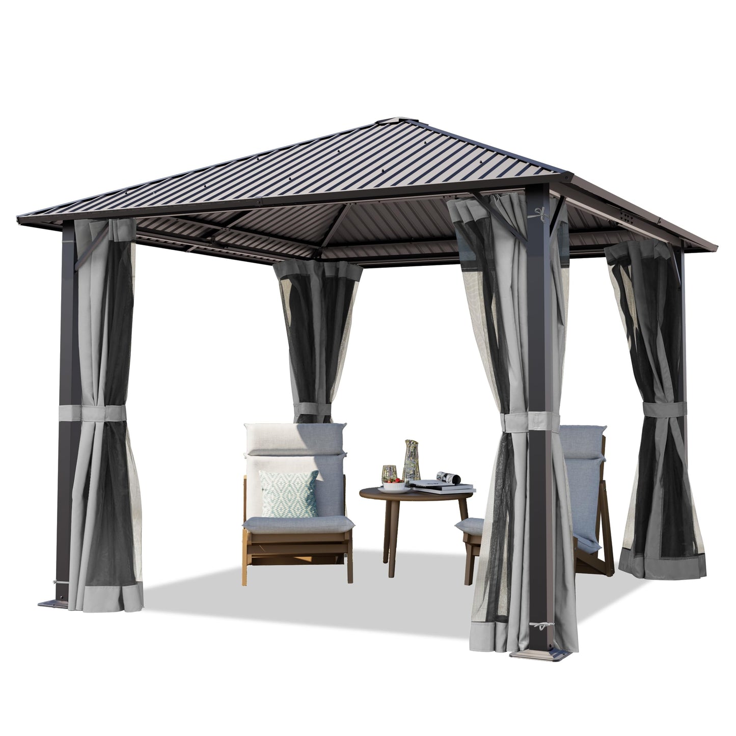 TOOLPORT Garden Gazebo 3 x 3 m with Steel Roof - Hardtop Gazebo with 4 Side Panels and Mosquito Nets in Cream