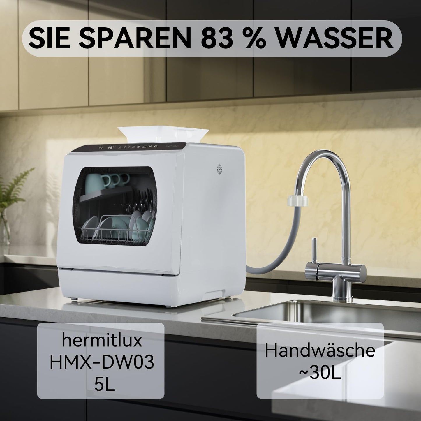 Hermitlux Tischgeschirrspüler, mini spülmaschine mit 7+3 Programme, 5 Maßgedecken, 5L Wassertank, Startverzögerung und Kindersicherung