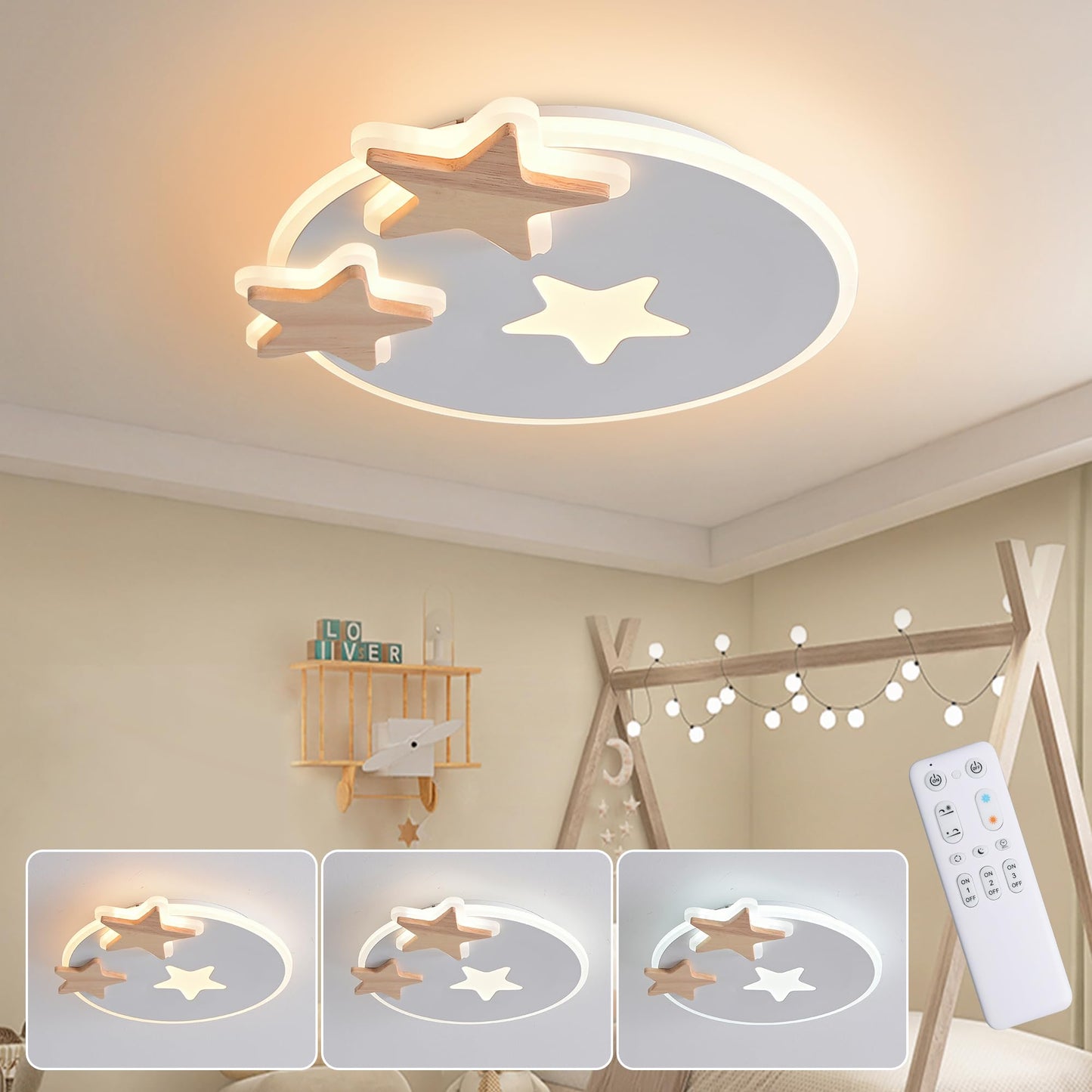 34 cm LED Ceiling Light Bedroom Wooden Children's Room Lamp Ceiling Star Children's Lamp Dimmable Ceiling Lamp for Children Lamp with Remote Control