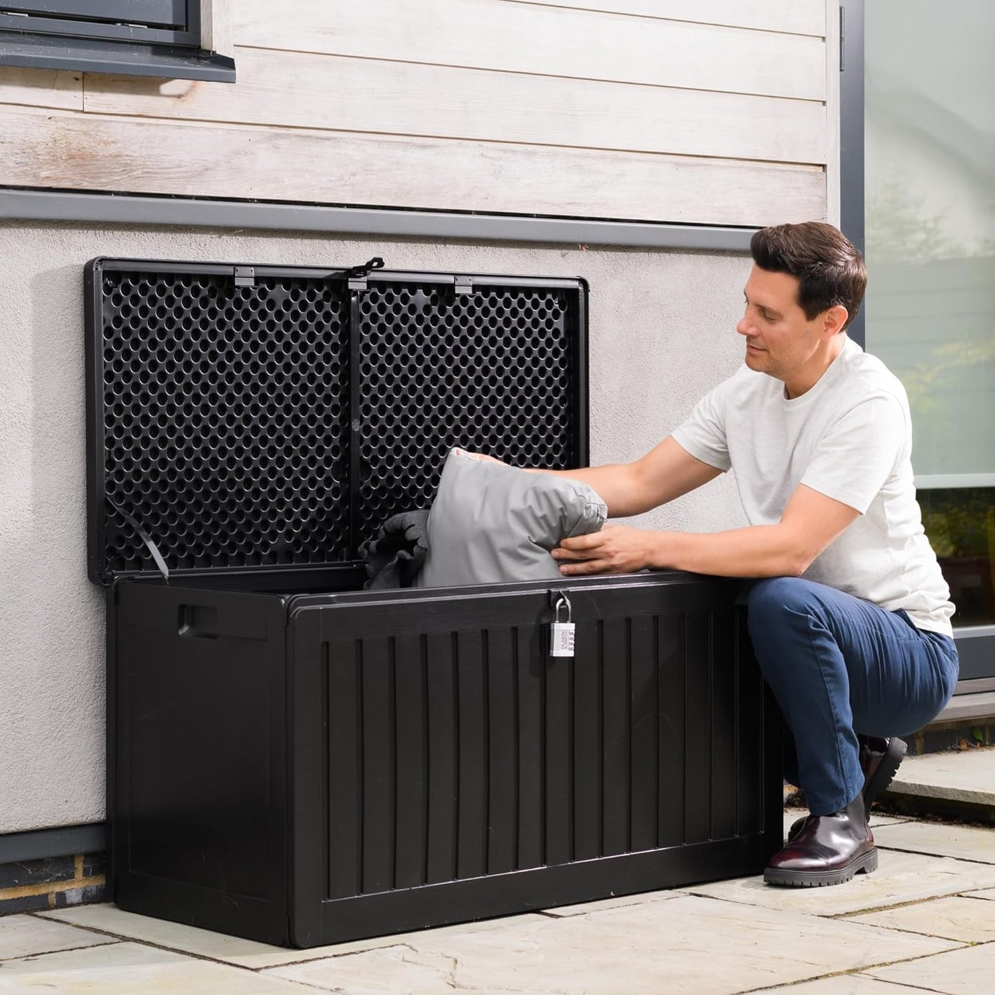 Olsen & Smith 270L Large Capacity Outdoor Garden Storage Box with Padlock Plastic Shed - Weatherproof and Stand Up with Wood Effect Chest (270L, Black)