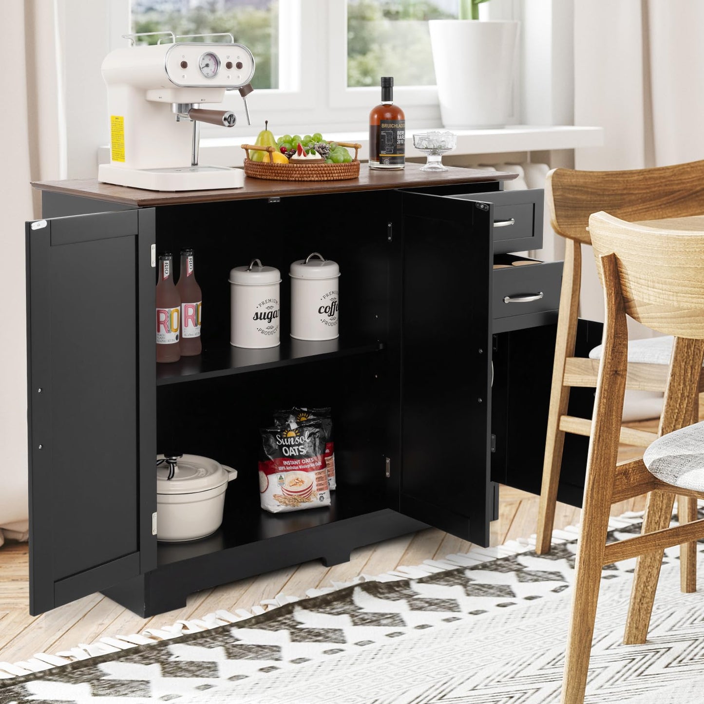 COSTWAY Sideboard, Kitchen Cabinet with Worktop 100 x 40 cm, Buffet Cabinet with Doors & Drawers & Adjustable Shelves, Kitchen Island for Kitchen, Dining Room (Black)