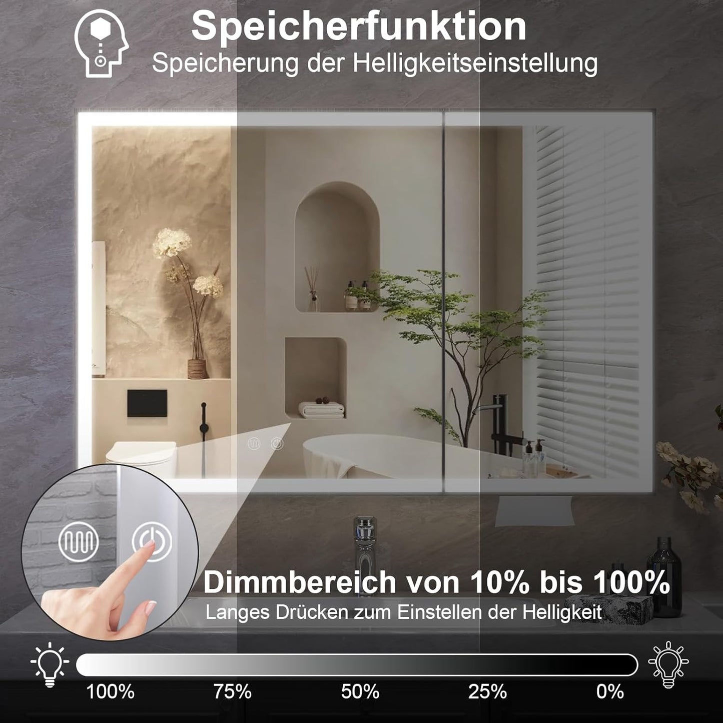 Aovquof Mirror Cabinet with Lighting - 90 x 60 cm Bathroom Mirror Cabinet with Storage Space, Bathroom Mirror Cabinet with Adjustable Dimmable LED Lights with Demist Function, Modern Cream Colour