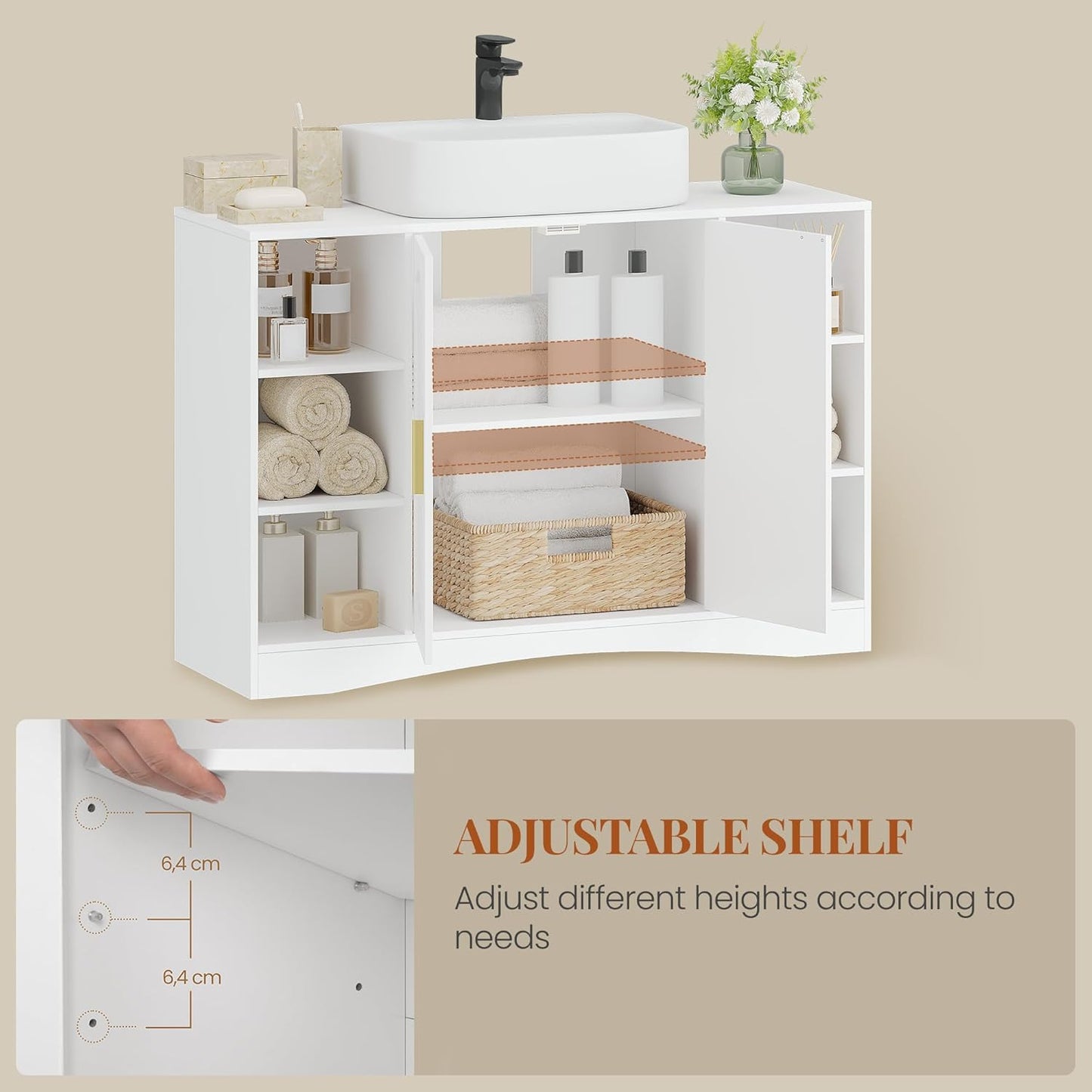 HEXCELEN Vanity Unit, Bathroom Cabinet, Vanity Unit with 2 Doors, 6 Open Compartments, Bathroom Cabinet, Adjustable Shelf, Lots of Storage Space, White, 30 x 90 x 61.2 cm