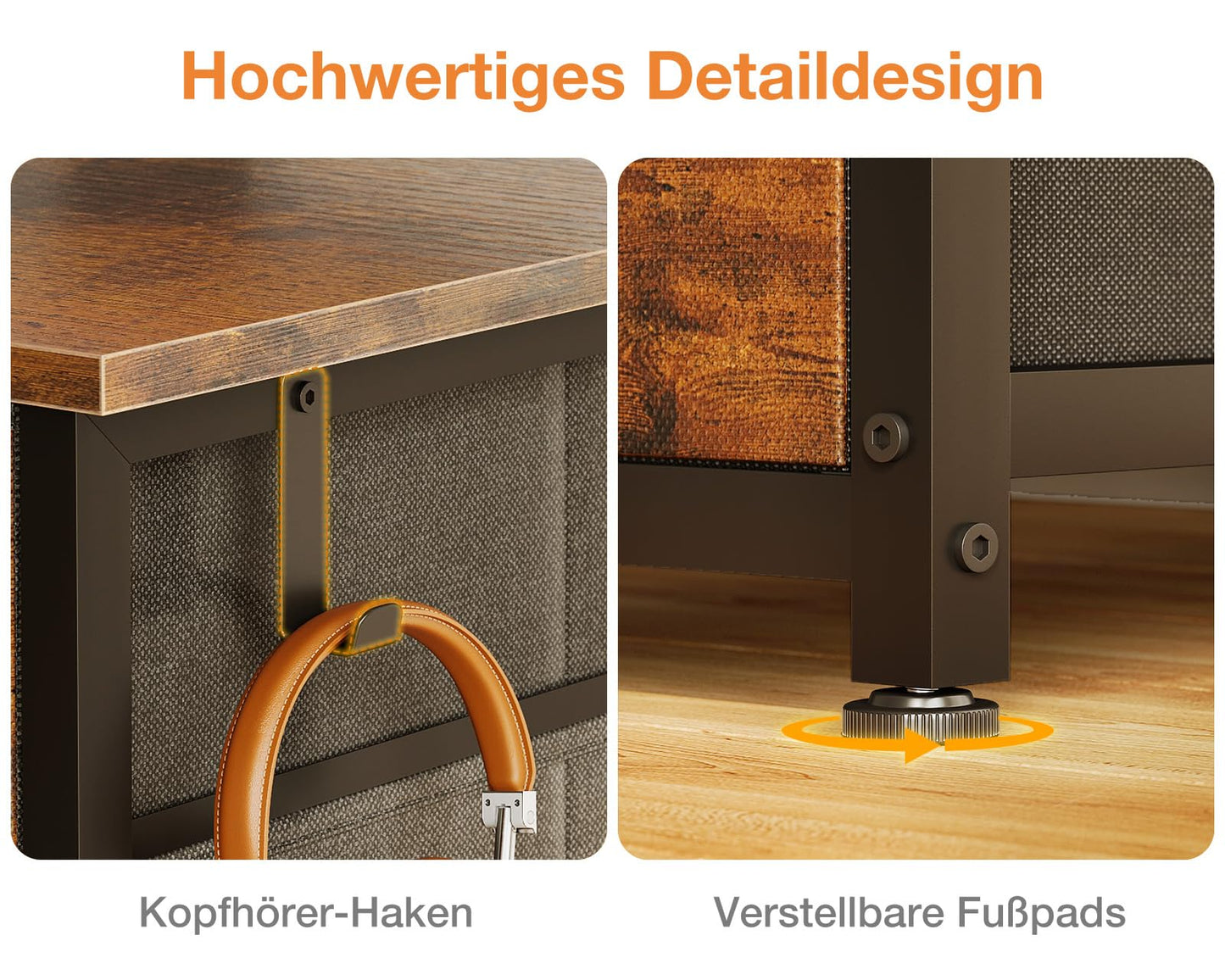 Coleshome Desk with 8 Fabric Drawers, 120 x 48 cm, Desk with Storage Space, Computer Desk with Headphones, Office Table, PC Table, Office Table for Office, Living Room, Home Office, Brown