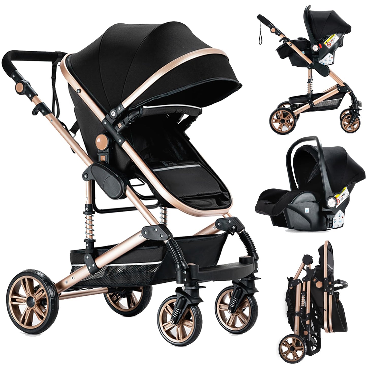 PU Leather Pushchair 3-in-1, Buggy with One-Click Folding Design, Pushchair with Two Reversible Sliding Modes, Combination Pushchair 3-in-1 Complete Set Frame Aluminium Alloy (518 Black)