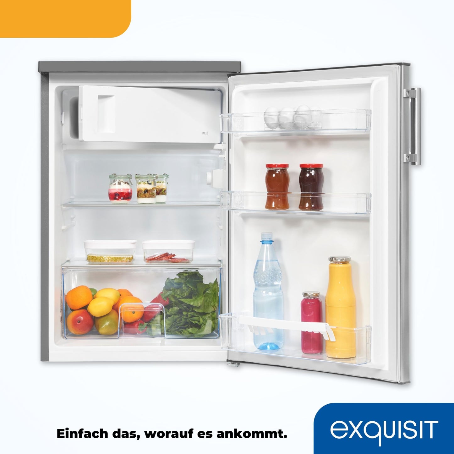 Exquisit Fridge with Freezer, 120 Litres, 2 Shelves, Vegetable Drawer, 4-Star Freezer, Freestanding, Door Hinge, EEK D, KS516-4-H-010D White