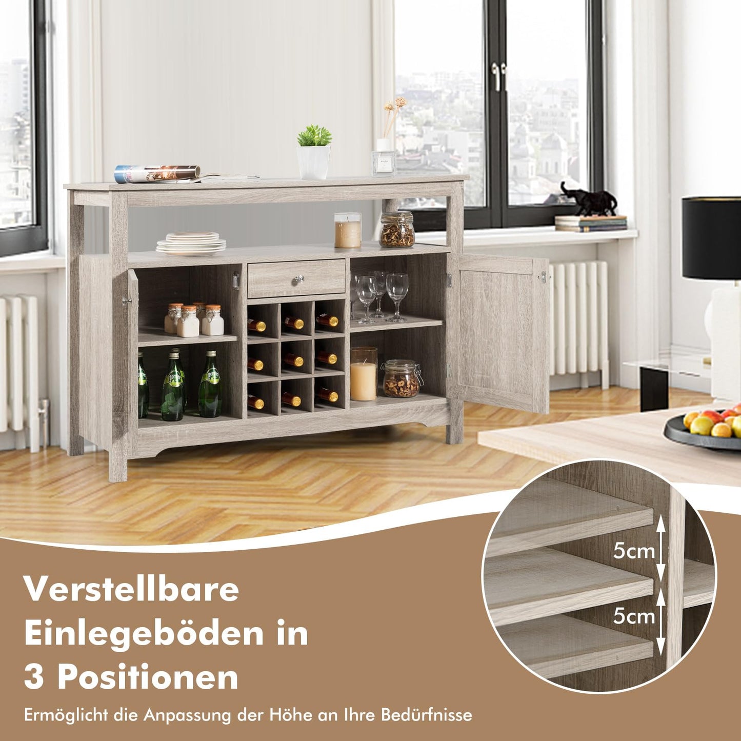 COSTWAY Sideboard Kitchen Cabinet with Doors and Drawers, Wooden Kitchen Chest of Drawers, Buffet Cabinet, Storage Cabinet, Side Cabinet, Wine Cabinet, 116 x 40 x 82 cm (White)