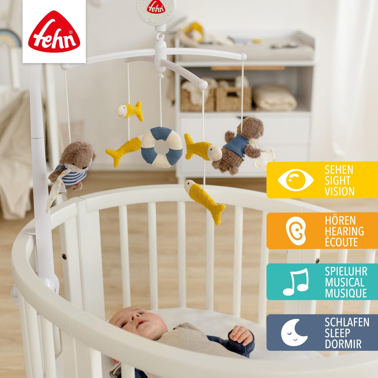 Fehn 053180 Good Night Music Mobile, With Melody "Weißt du wie viel Sternlein stehen" and Cute Figures with "Glow-in-the-Dark" Embroidery, For Babies from 0-5 Months, Size: Diameter 40 cm