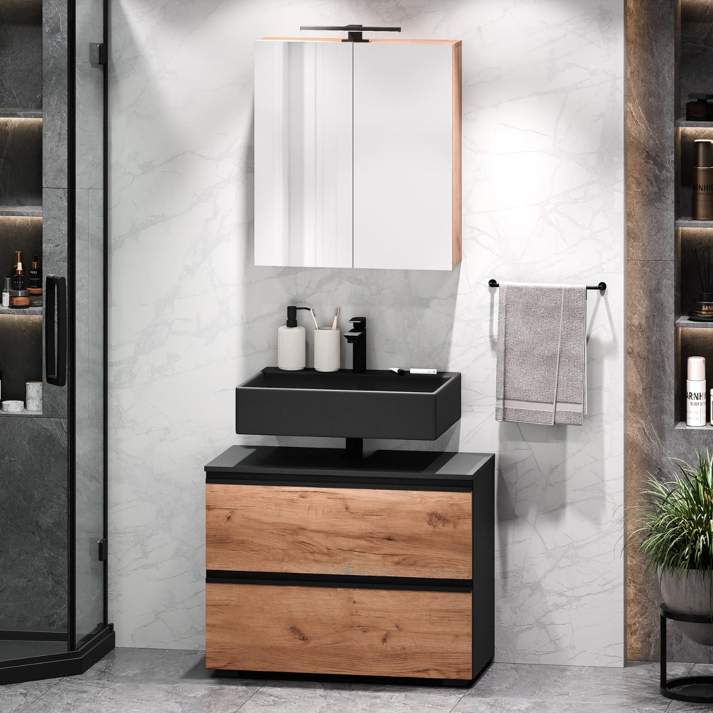 Planetmöbel EDA 80 cm Vanity Unit, Vanity Unit, Bathroom Cabinet for Guest Toilet and Bathroom, Anthracite/Gold Oak