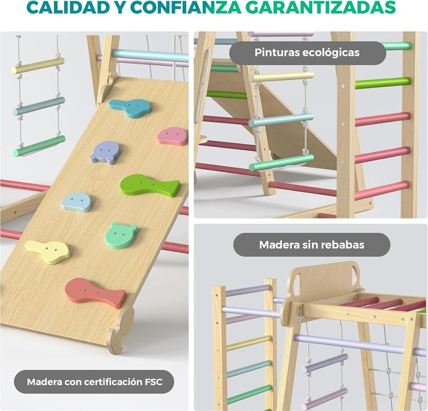 SOFTHOM Indoor Climbing Frame Montessori Climbing Triangle for Children from 1 Year Old, Indoor Playground with Slide, Climbing Net and Swings, 9-in-1 Children's Wooden Climbing Frame