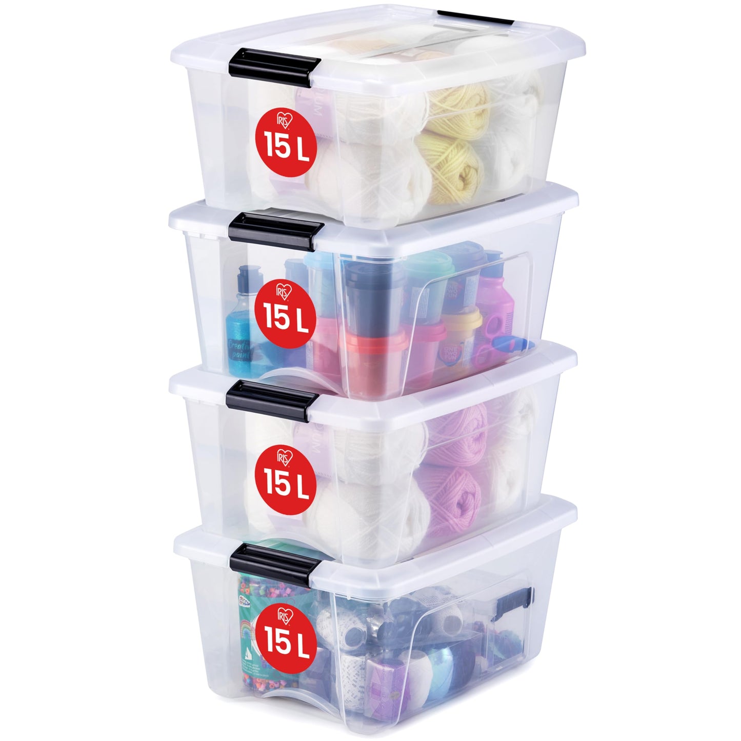Iris Ohyama Storage Box with Lid, 80L, Set of 4, Transparent, Snap Latches with Handles, Stackable, Strong & Durable, for Clothes, Garage, Home, Office, Plastic Box, Storage TB-84D