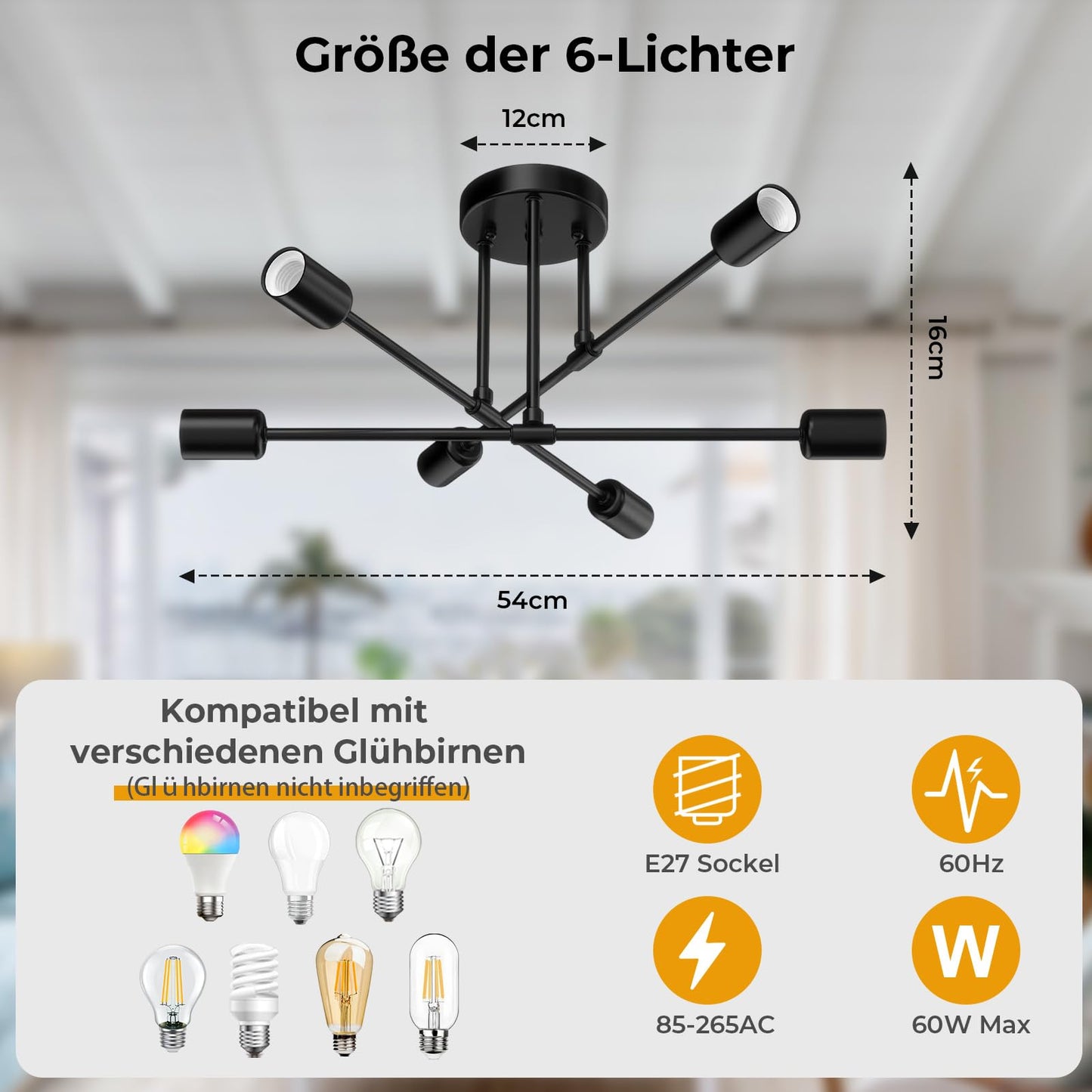 Ceiling Light Black Ceiling Light 6 Bulbs Metal E27 Sputnik Ceiling Light Vintage Industrial Lamp Ceiling Pendant Lamp Living Room Hallway Lamps for Bedroom Dining Room Kitchen