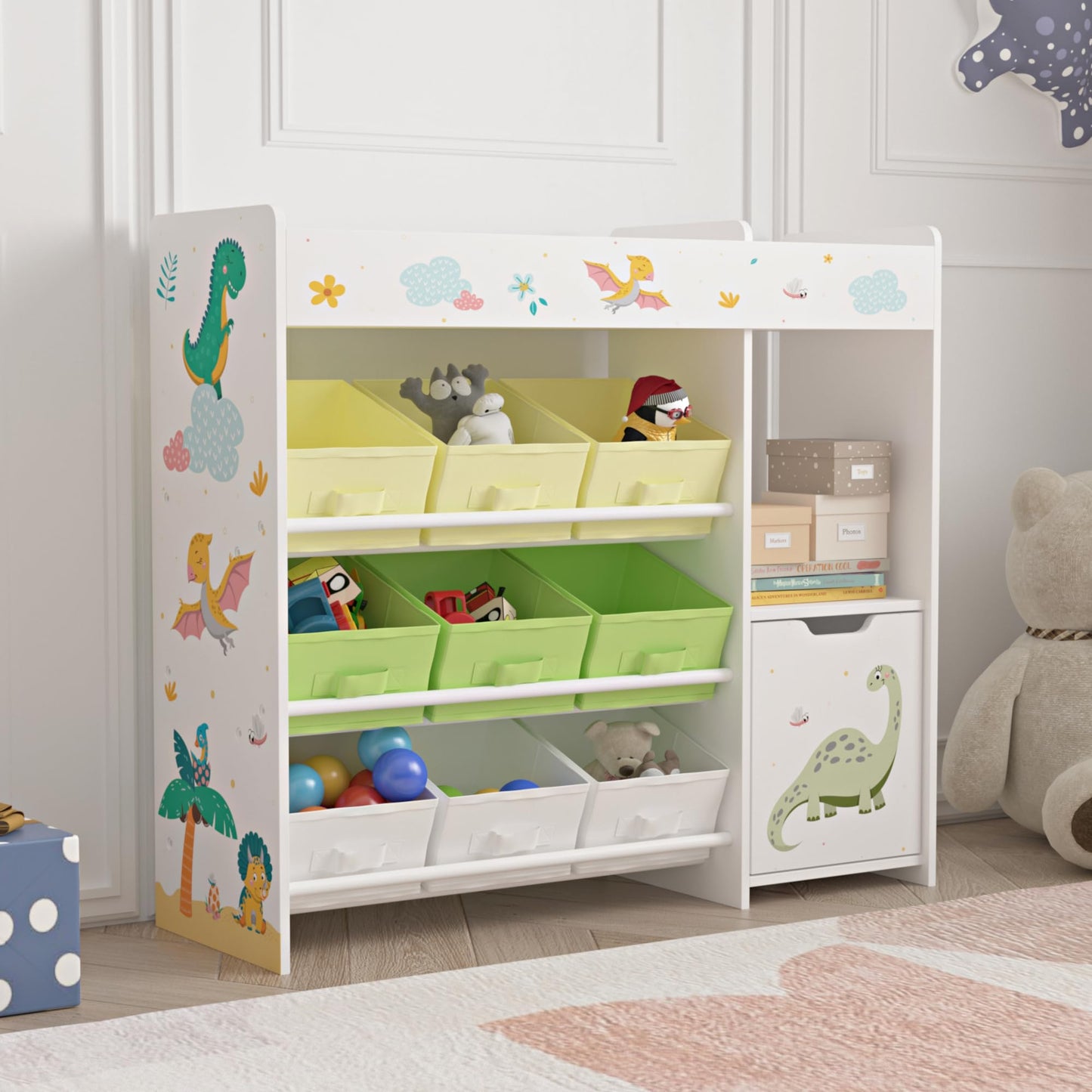 [en.casa] Kinderregal Søndreland Bücherregal für Kinder mit 9 Aufbewahrungsboxen Spielzeugregal mit Schrank 80 x 90 x 30 cm Spielzeug Aufbewahrung Ozean Motiv