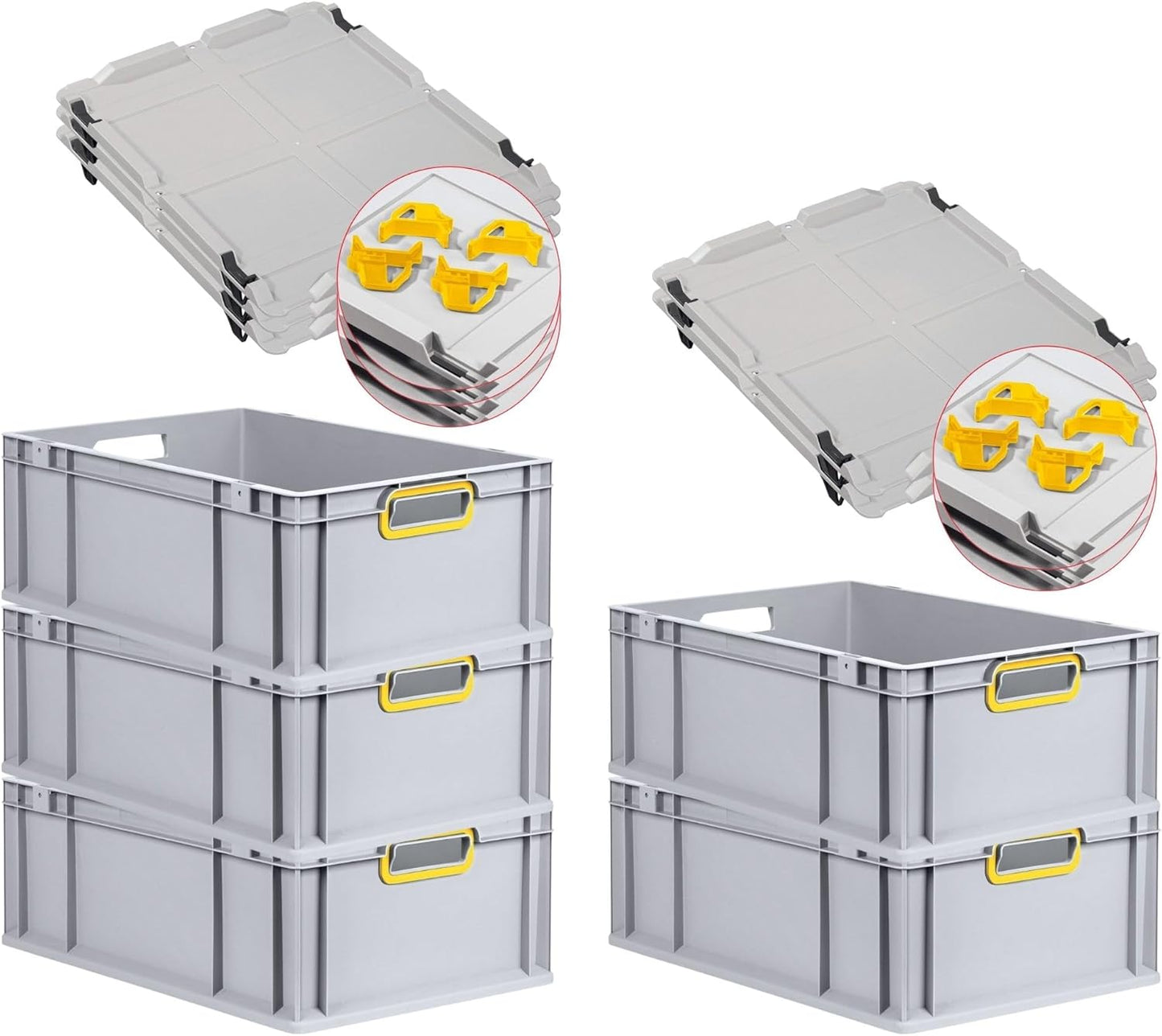 PROREGAL Economy Set of 5 Eurobox NextGen Colour with Lid and Sliding Snap Fasteners, H x W x D 22 x 30 x 40 cm, 20 L, Black, Closed Handles, Euro Container, Transport Box, Transport Container