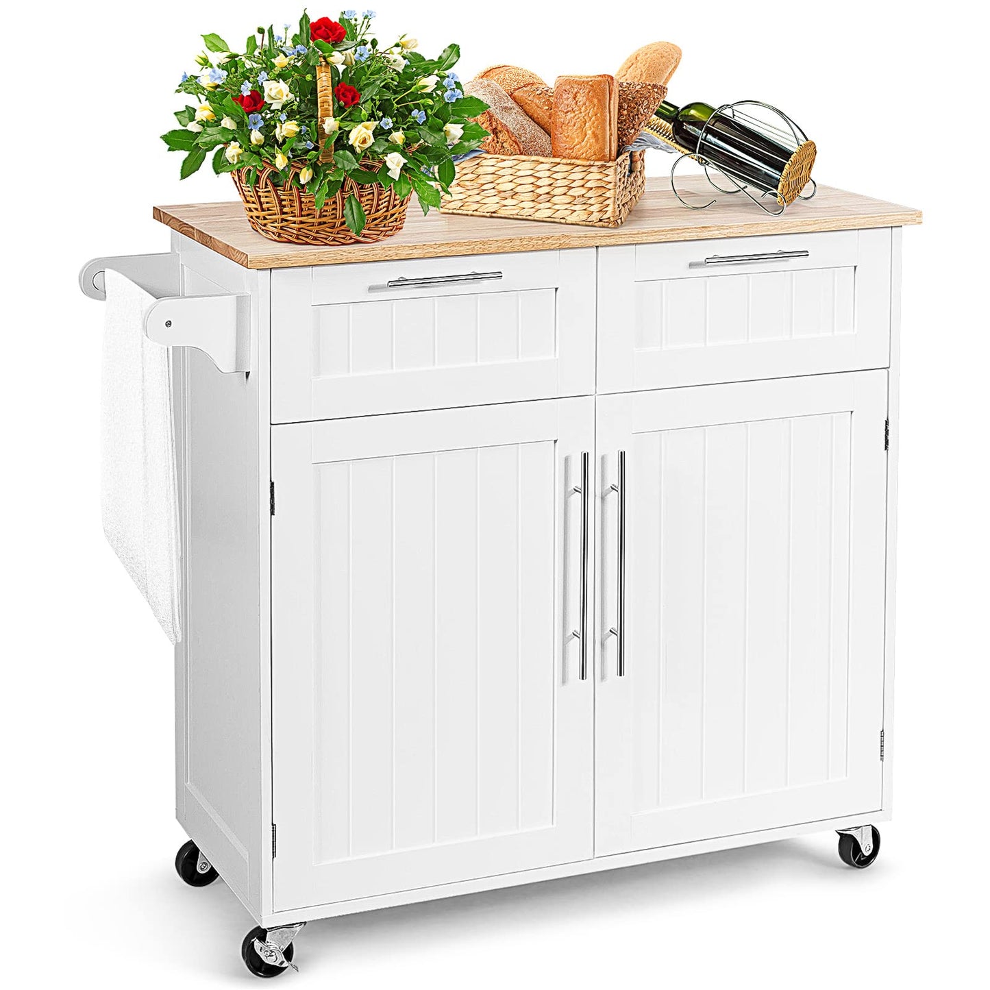KOMFOTTEU Kitchen Trolley with Worktop, Kitchen Island with Wheels, Serving Trolley with 2 Drawers and Doors, Large Wooden Trolley 94 x 45.5 x 94.5 cm (Black)