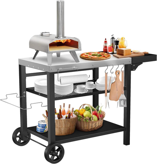 Denmay Stainless Steel Grill Table Grill Trolley 116 x 54 cm with 3 Levels, Pizza Oven Stand, Grill Table for Outdoor Use, Work Trolley with 4 Hooks, Outdoor Serving Trolley Side Table, Kitchen