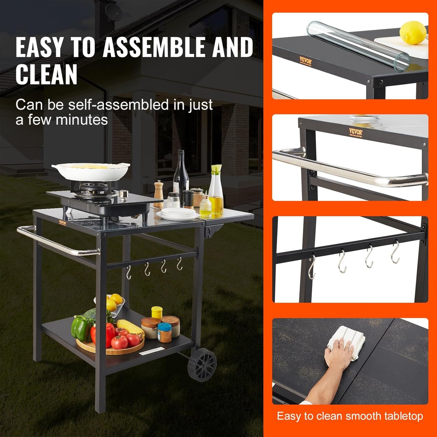 VEVOR Barbecue Trolley, Kitchen Trolley, 97.2 x 64 x 75.5 cm, Outdoor Serving Trolley with Double Shelf, Movable Grill Table for Preparing Food, Multifunctional Iron Table Top, Black