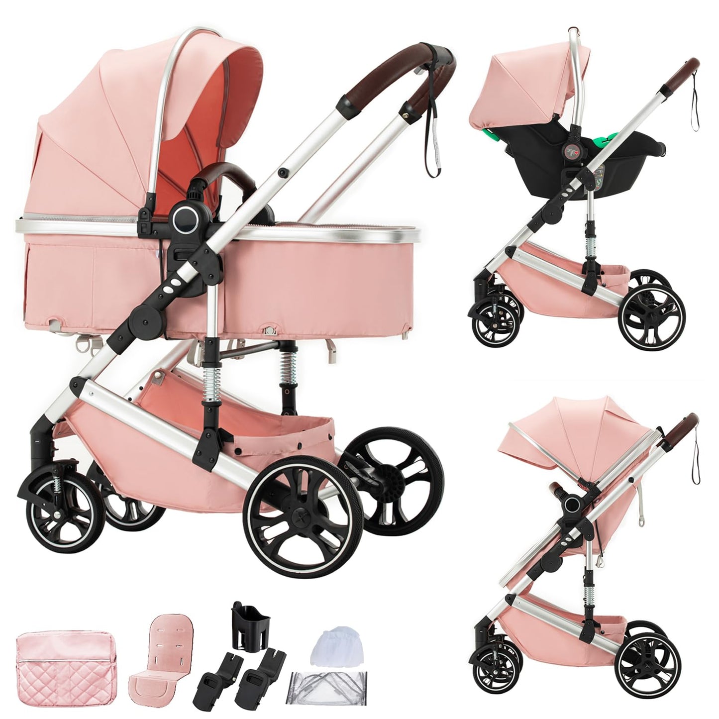 BEBBY 3-in-1 Pushchair Combination Pram Set 2-in-1 Buggy Foldable Luxury High Landscape Newborn Portable Foldable Pushchair Travel System (Black Gold, H2)