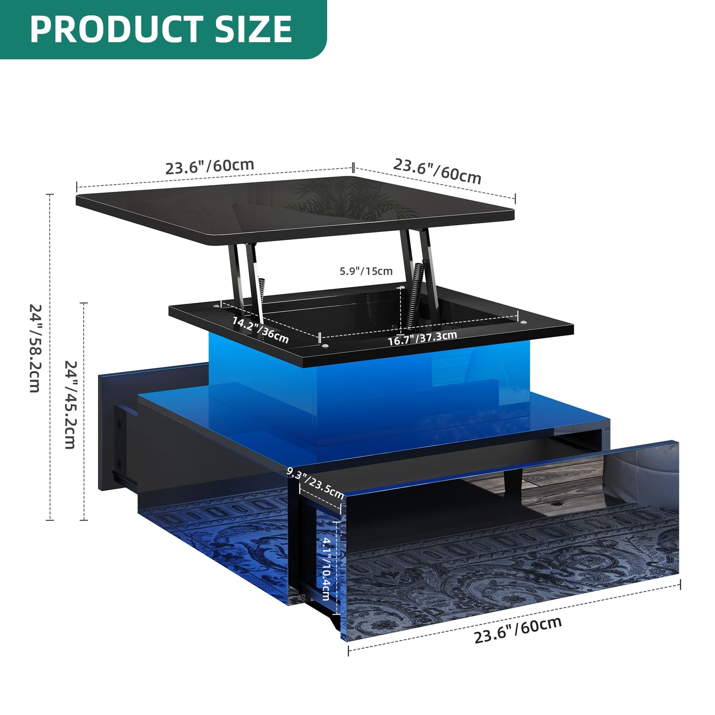 YITAHOME Coffee Table Height Adjustable with LED Lighting Modern 60 x 60 x 45 cm Living Room Table High Gloss with Open Display Shelf and 2 Drawers