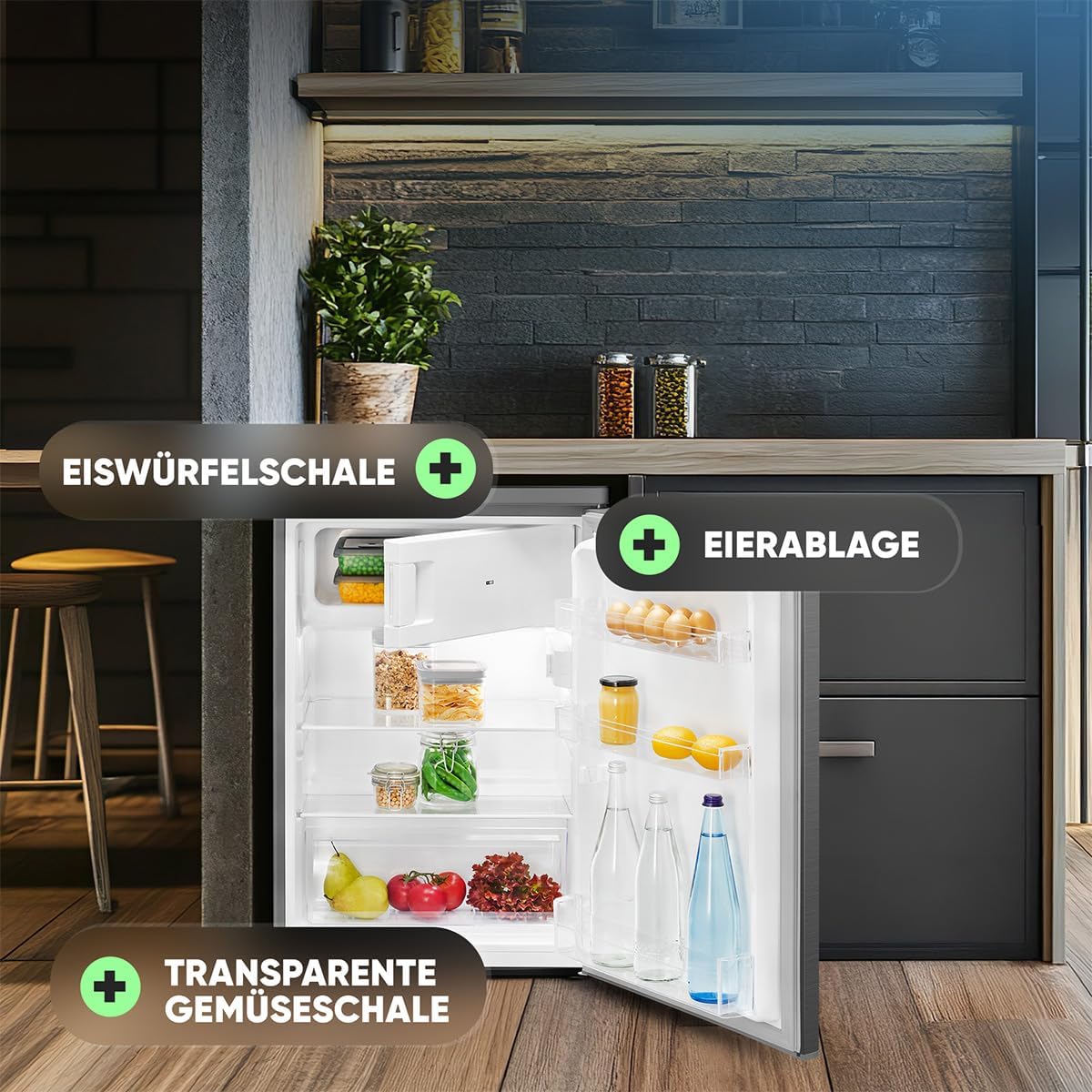 Bomann KS 7251 inox Fridge with Freezer, 109 Litres, Energy Efficient, Quiet & Compact, 2 Shelves, Fruit & Vegetable Compartment, 4-Star Freezer, Door Hinge Changeable