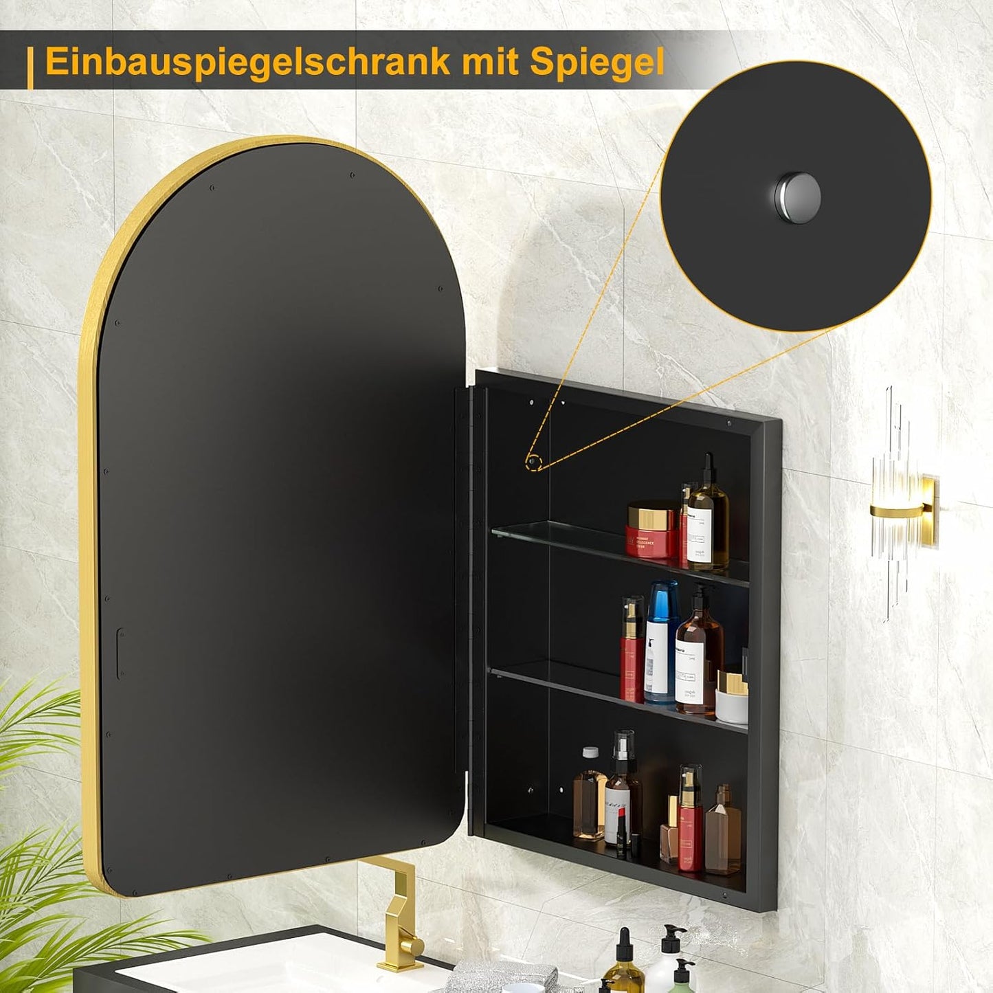 Arched Medicine Cabinet with Mirror, Recessed Medicine Cabinet, Aluminum Frame, Surface Mounted, Gold Mirror Cabinet with Storage for Bathroom, 40 x 80 cm