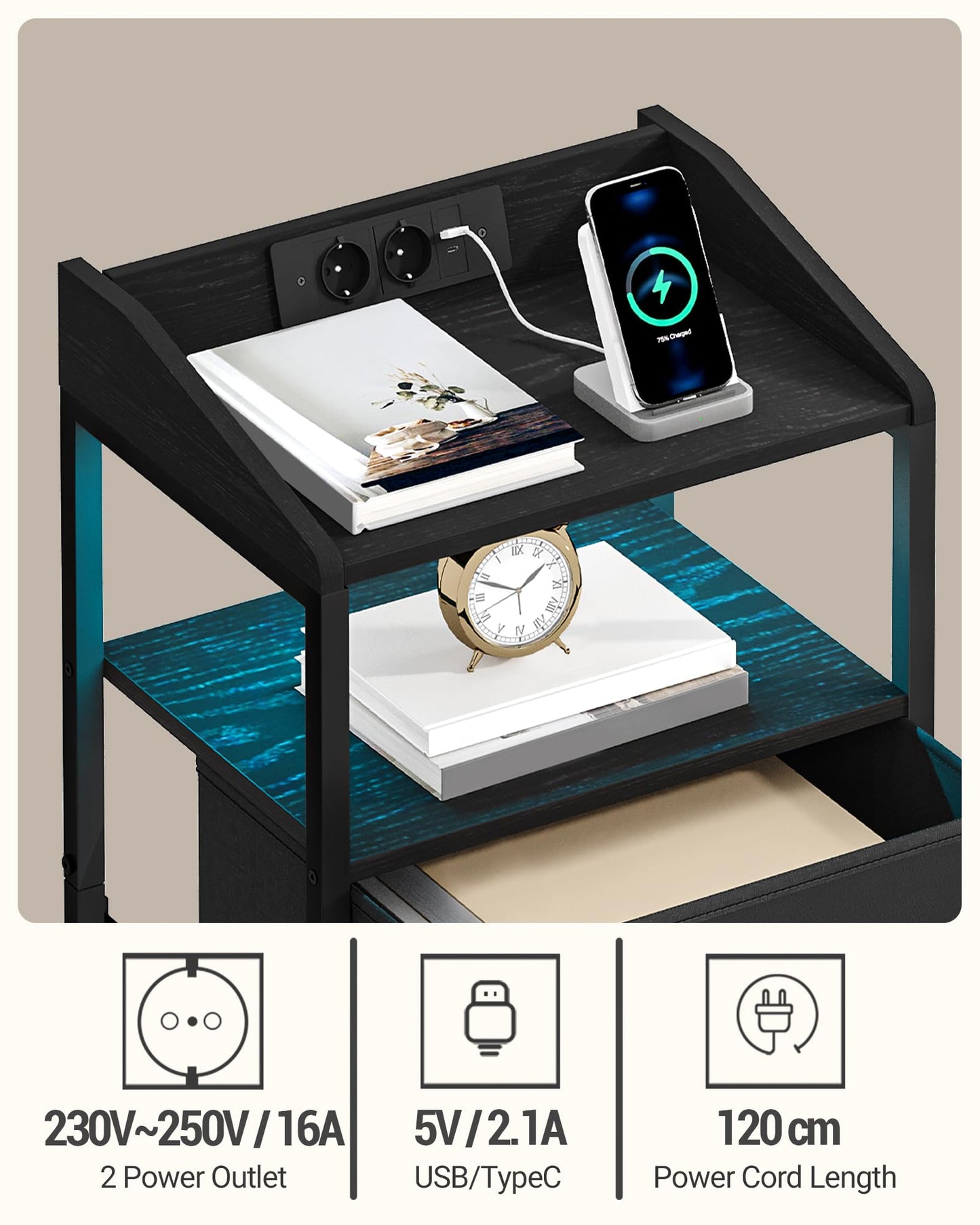 Hzuaneri Set of 2 Bedside Table with LED Lights and Charging Station, Side Table with 2 Fabric Drawers and Shelves, with USB Ports & Sockets, for Bedroom, Living Room, White NS36213W