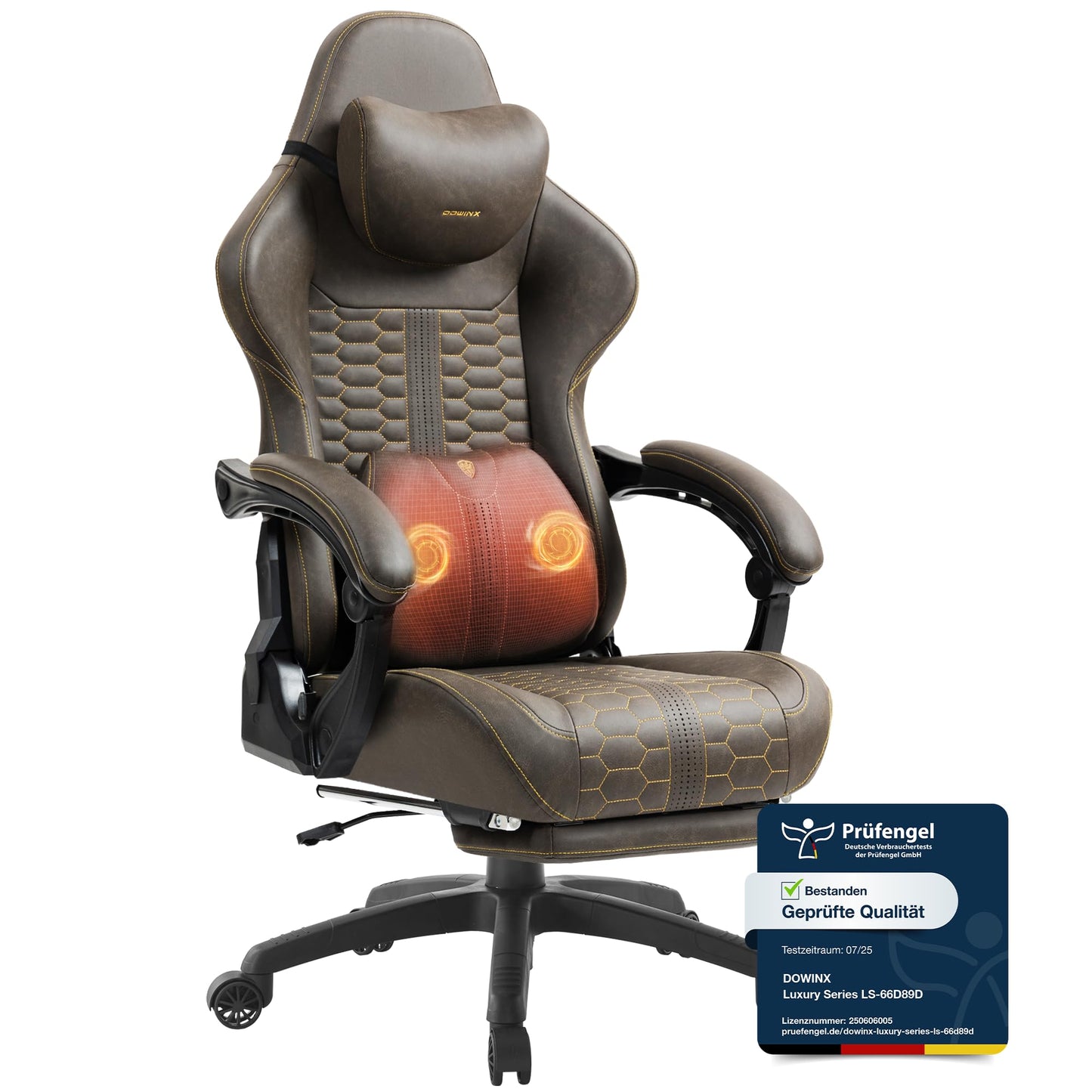 Dowinx Big and Tall Gaming Chair with Massage Lumbar Support, Gamer Chair with Footrest, Ergonomic Computer Chair, PU Leather, 180 kg, Brown