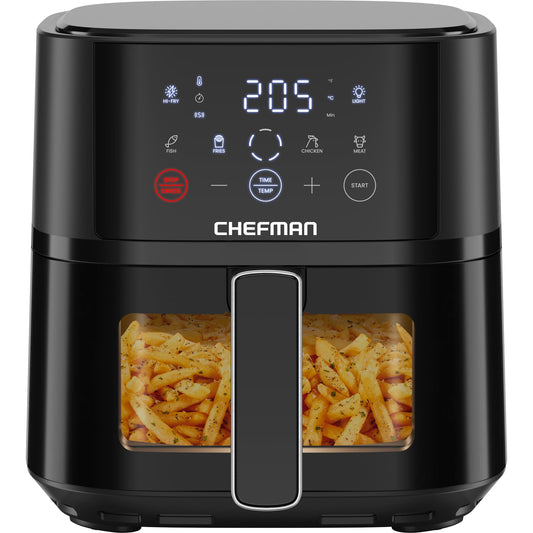 Chefman Hot Air Fryer - 3.75 L Compact Hot Air Fryer for Quick Meals, with Hi-Fry Technology, Viewing Window, Touch Controls, Non-Stick and Dishwasher Safe - Black
