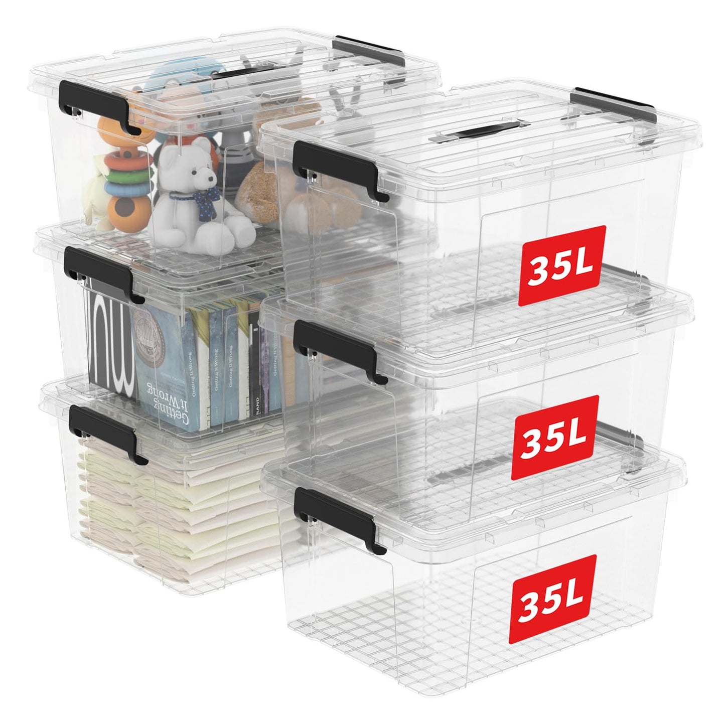 Cetomo 45 L x 3 Storage Boxes, Portable Plastic Boxes with Lids, Organiser Container with Handle and Clips, Stackable, Nestable, for Home and Office, Transparent, 45 L, Pack of 3