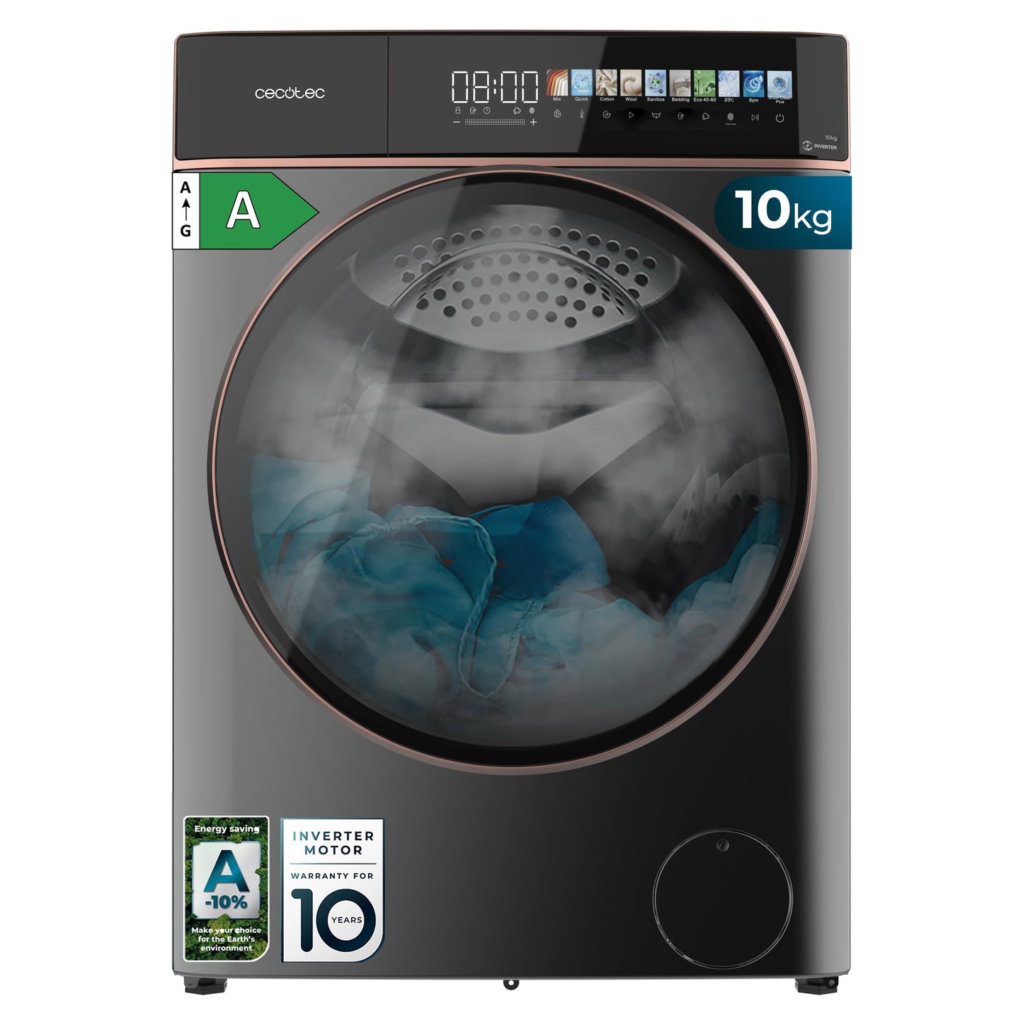 Cecotec Washing Machine 10 kg Front Loader Bolero Dress Code 10950 Car Socket Inverter 3D Steel A. 1400 rpm, Matrix Display 9.2 Inches, 16 Prog, Low Consumption, Inverter Plus Motor, Auto Dosage,