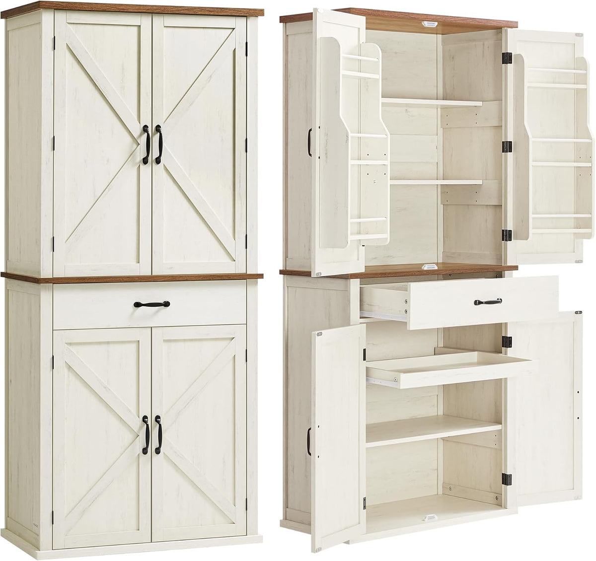 VASAGLE Kitchen Cabinet 70" Tall Multi Purpose Cabinet Country Style with Sliding Doors Drawer Shelf and Adjustable Shelves Kitchen Dining Room Vintage White BBK364W02